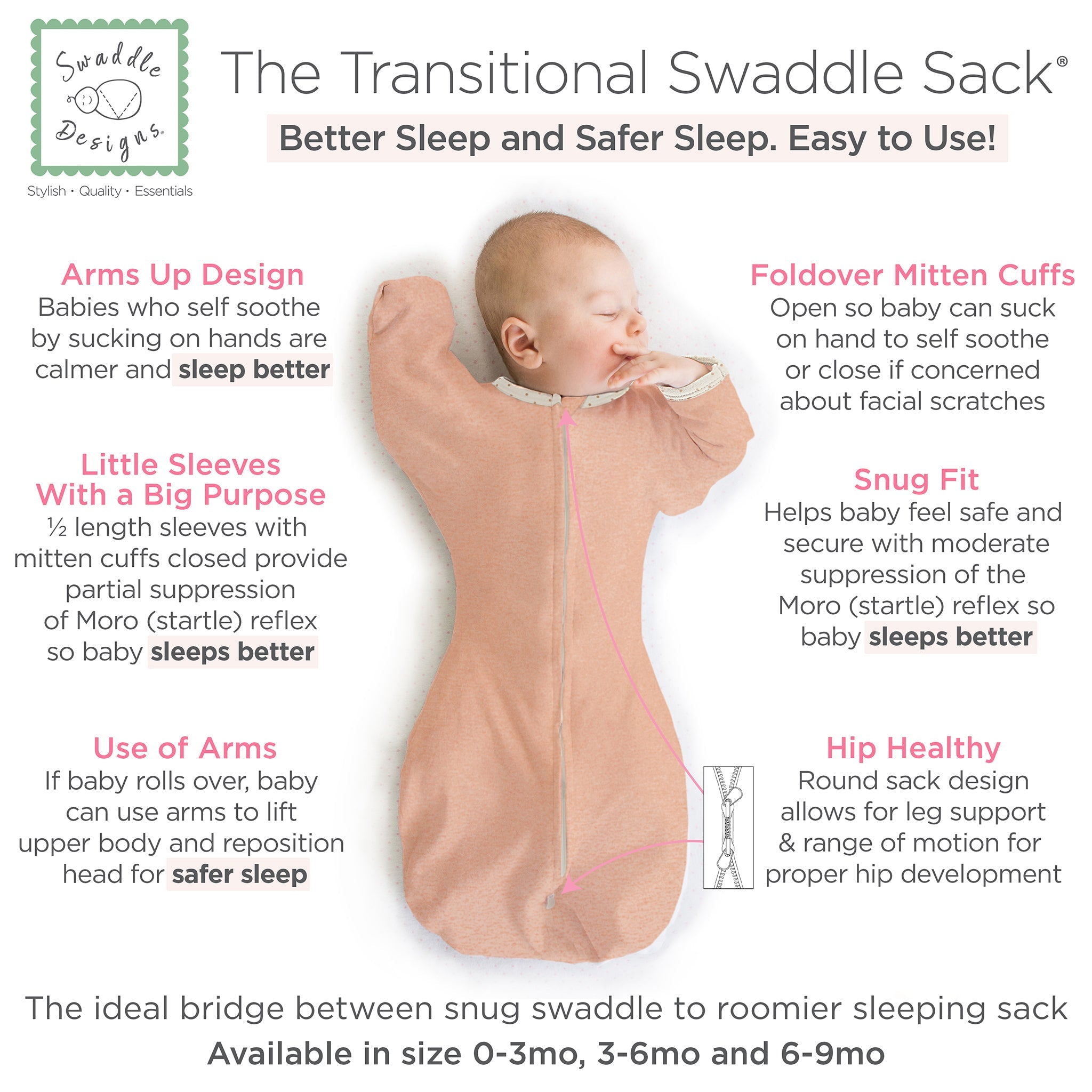 Transitional Swaddle Sack - Arms Up 1/2-length Sleeves & Mitten Cuffs, Solid, Heathered Peach Blush With Polka Dot Trim