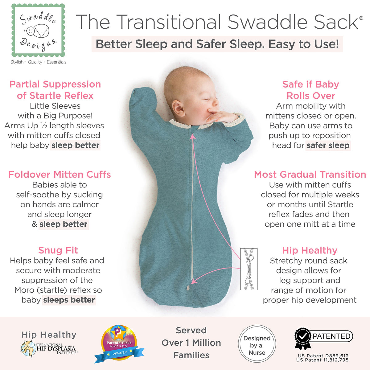 Transitional Swaddle Sack - Arms Up 1/2-length Sleeves & Mitten Cuffs, Heathered Teal With Polka Dot Trim