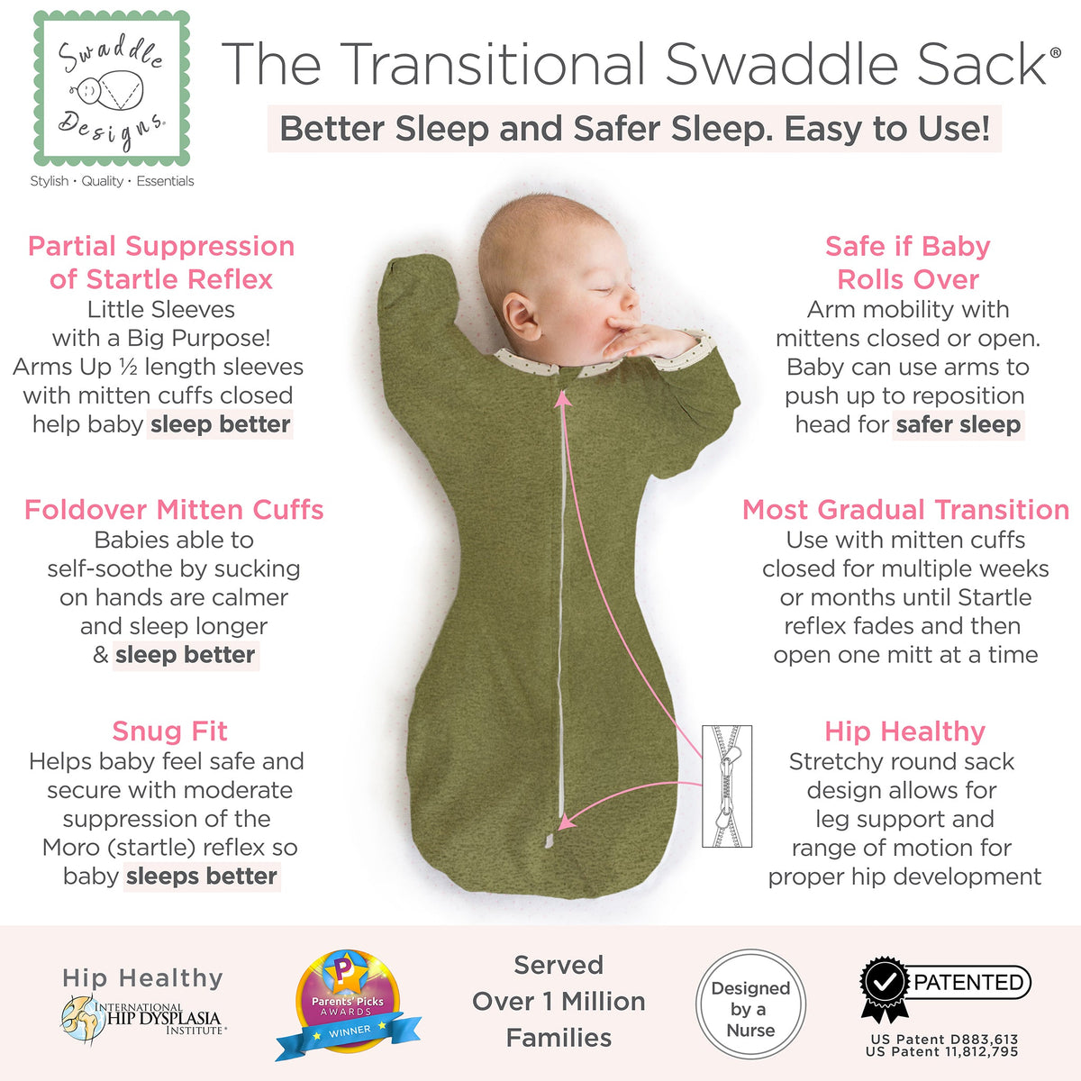 Transitional Swaddle Sack - Arms Up 1/2-length Sleeves & Mitten Cuffs, Heathered Green Turtle With Polka Dot Trim