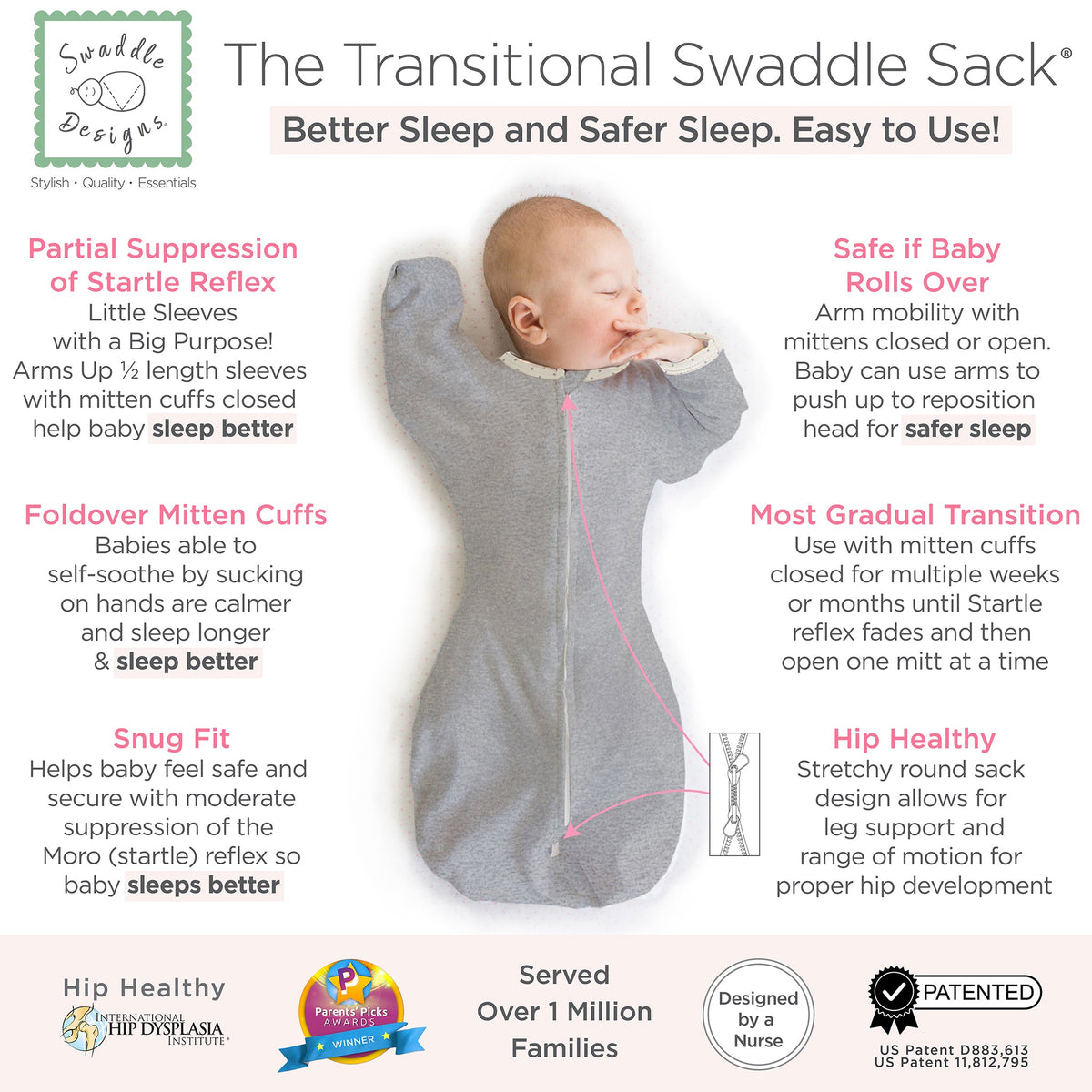 Transitional Swaddle Sack - Arms Up 1/2-length Sleeves & Mitten Cuffs, Heathered Gray With Polka Dot Trim