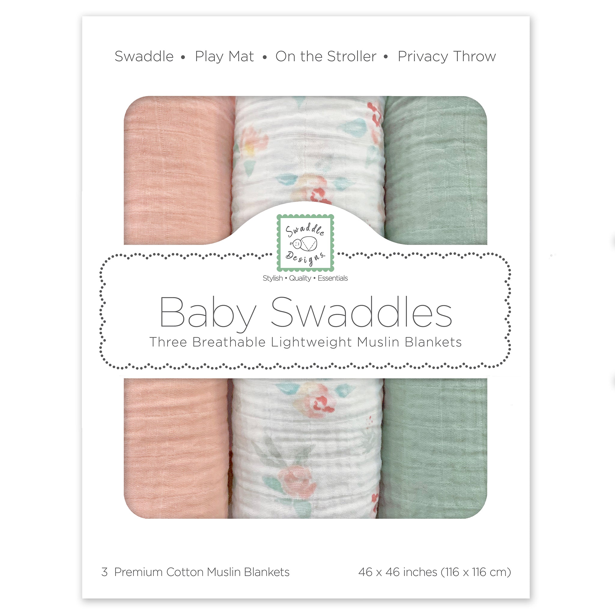 Muslin Swaddle Blankets - Set Of 3 - Spring Morning - Featuring Peachy Pink Watercolor Floral By Artist Lynette Damir