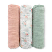 Muslin Swaddle Blankets - Set Of 3 - Spring Morning - Featuring Peachy Pink Watercolor Floral By Artist Lynette Damir