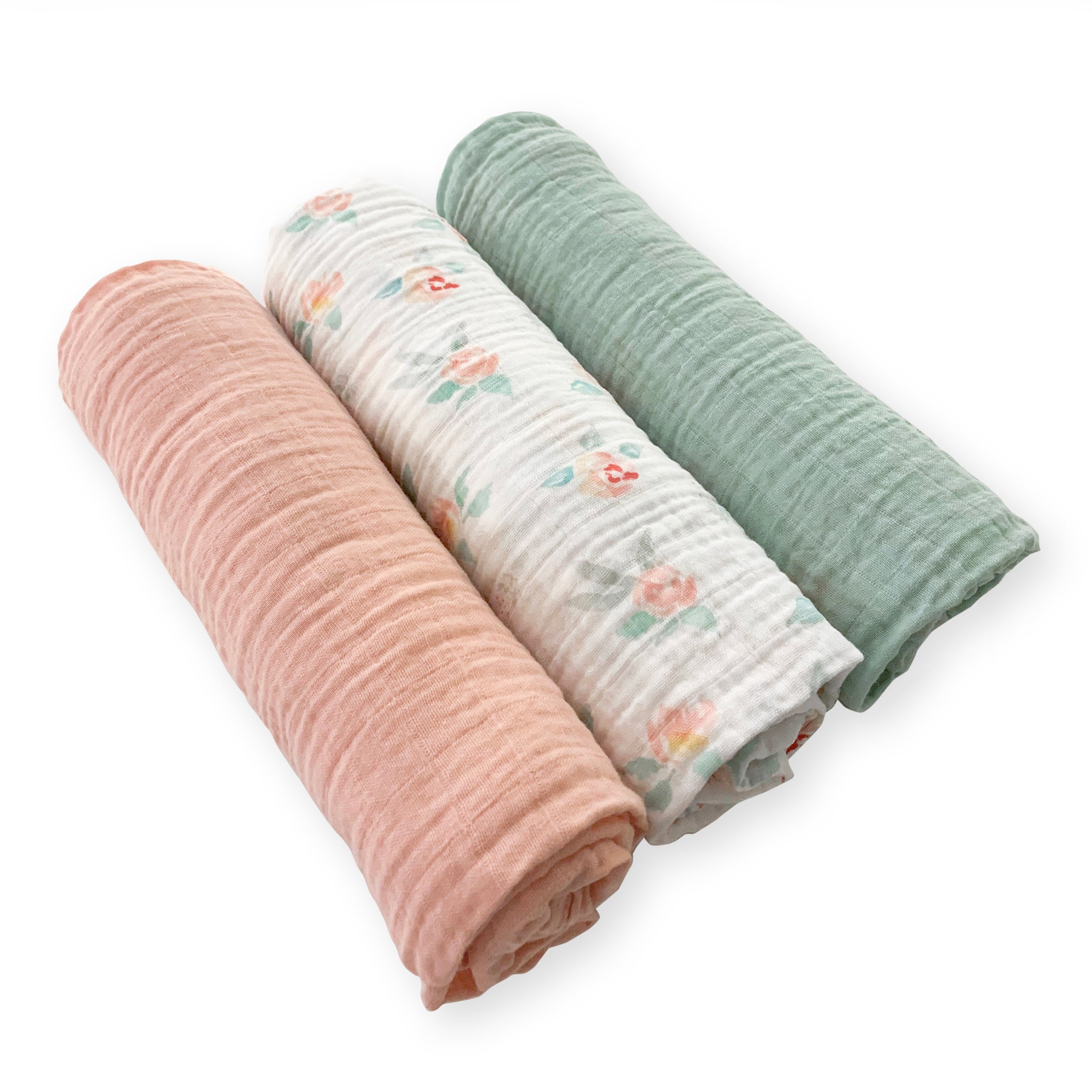 Muslin Swaddle Blankets - Set Of 3 - Spring Morning - Featuring Peachy Pink Watercolor Floral By Artist Lynette Damir