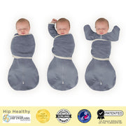 Omni Swaddle Sack With Wrap -  Most Versatile Swaddle - Arms Up Sleeves & Mitten Cuffs, Heathered Denim With Polka Dot Trim