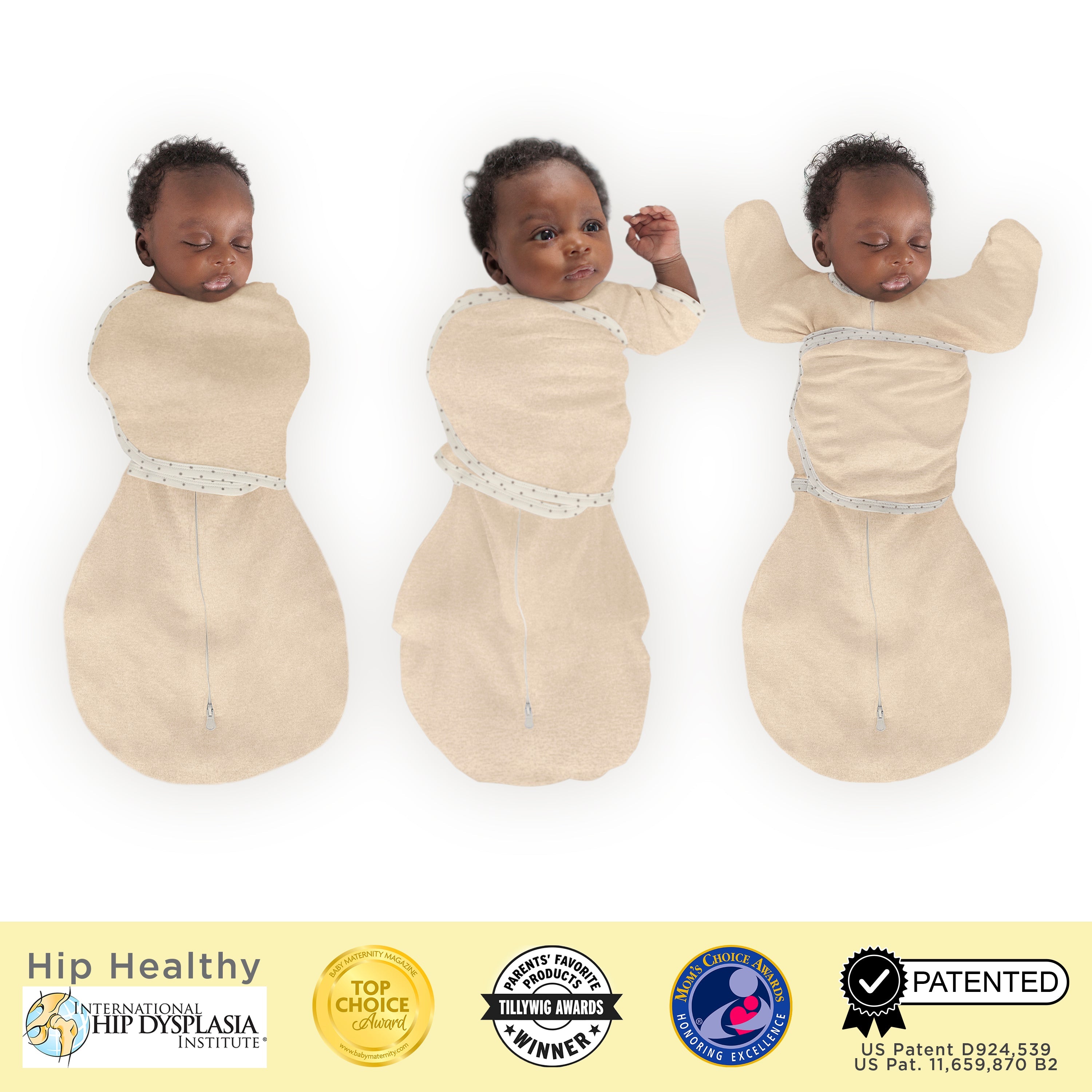 Omni Swaddle Sack With Wrap - Most Versatile Swaddle - Arms Up Sleeves & Mitten Cuffs, Heathered Oatmeal With Polka Dot Trim