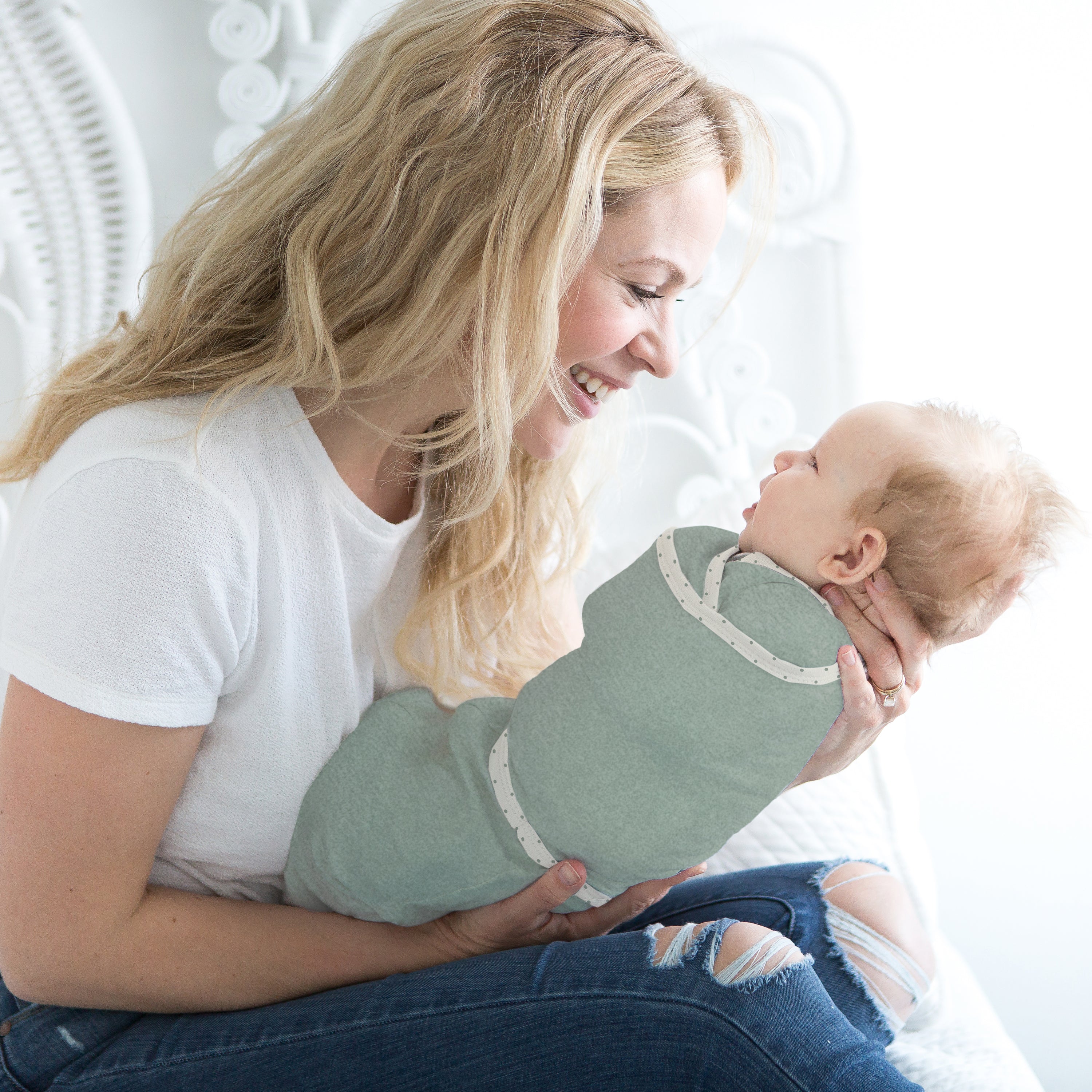 Omni Swaddle Sack With Wrap - Most Versatile Swaddle - Arms Up Sleeves & Mitten Cuffs, Heathered Jadeite With Polka Dot Trim