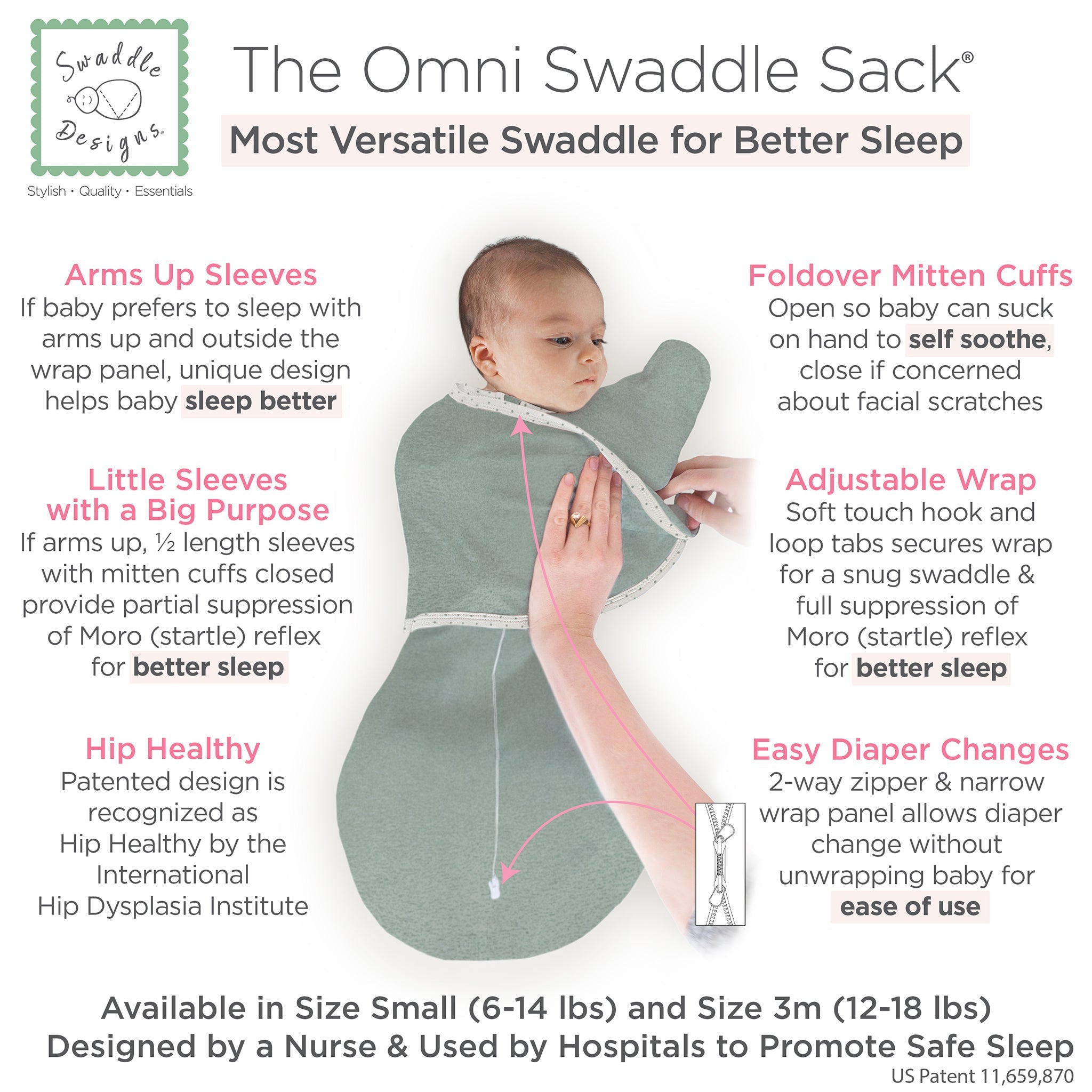 Omni Swaddle Sack With Wrap - Most Versatile Swaddle - Arms Up Sleeves & Mitten Cuffs, Heathered Jadeite With Polka Dot Trim