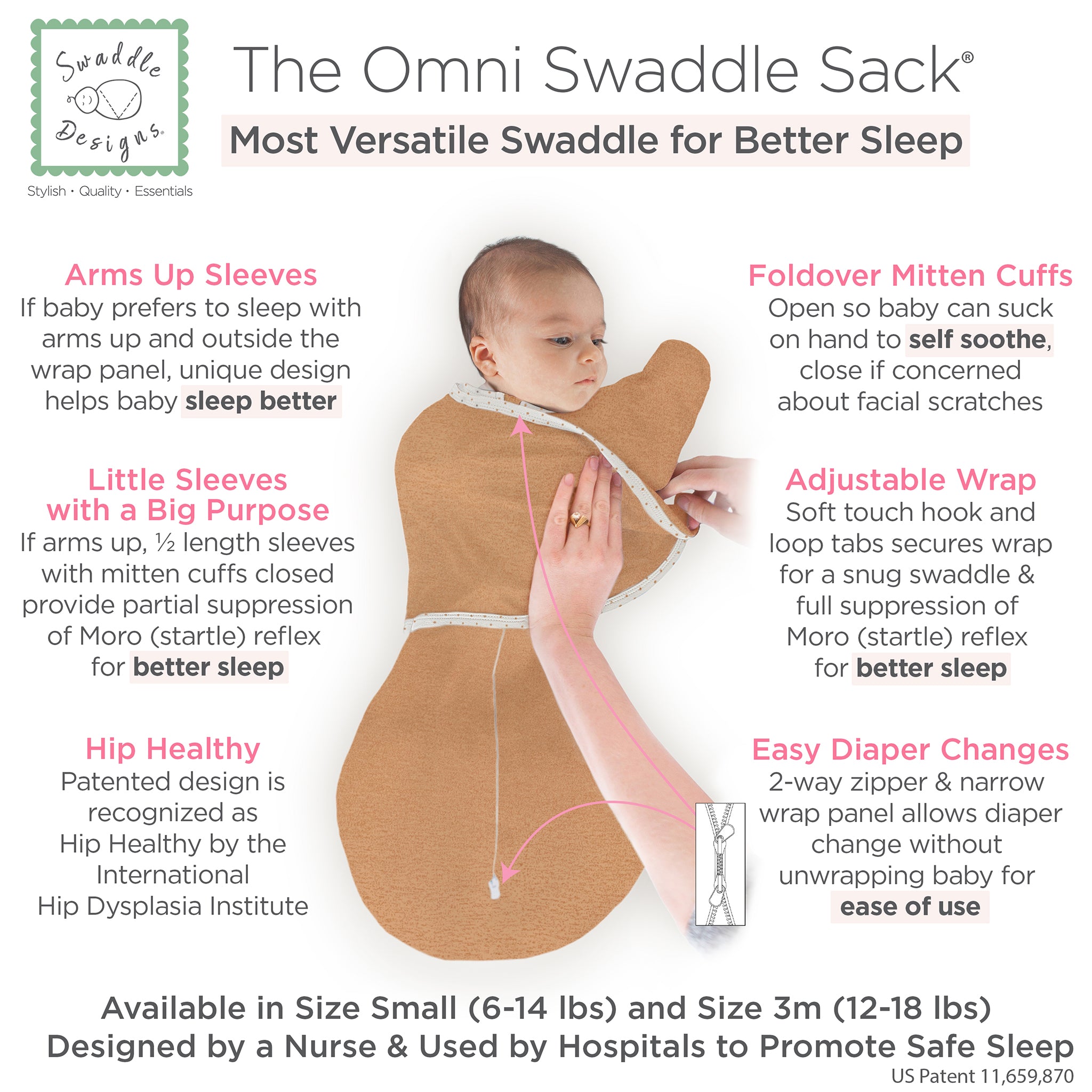 Omni Swaddle Sack With Wrap - Most Versatile Swaddle - Arms Up Sleeves & Mitten Cuffs, Heathered Butterum With Polka Dot Trim