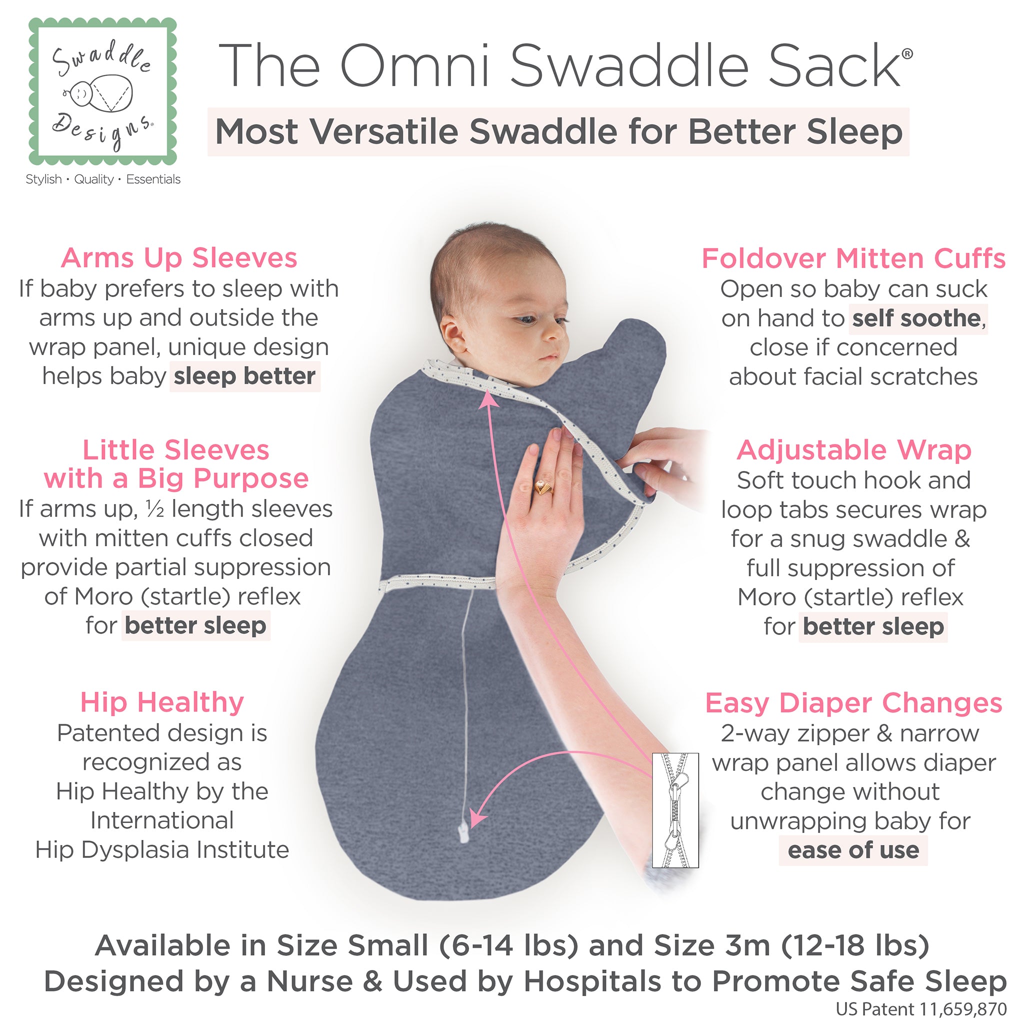 Omni Swaddle Sack With Wrap -  Most Versatile Swaddle - Arms Up Sleeves & Mitten Cuffs, Heathered Denim With Polka Dot Trim