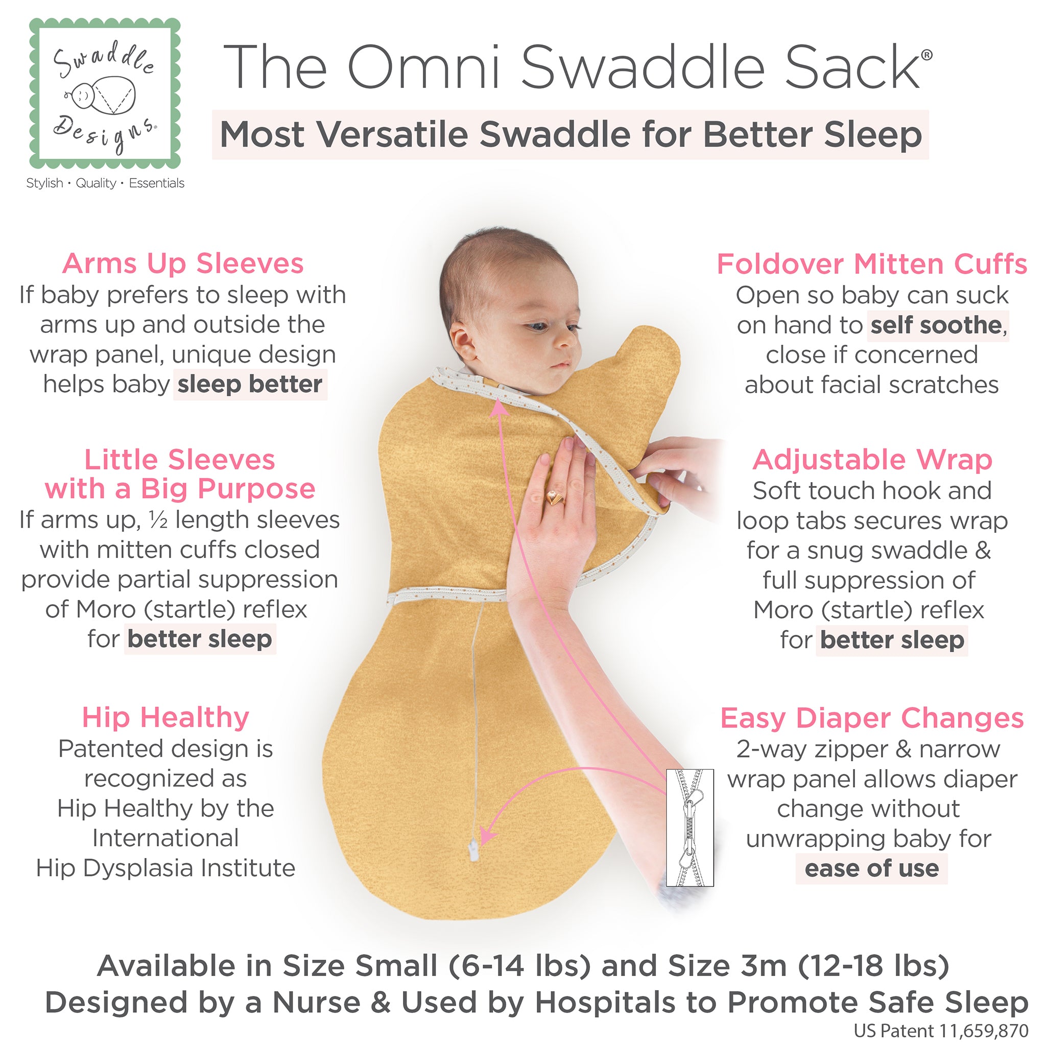 Omni Swaddle Sack With Wrap -  Arms Up Sleeves & Mitten Cuffs, Heathered Gold With Polka Dot Trim