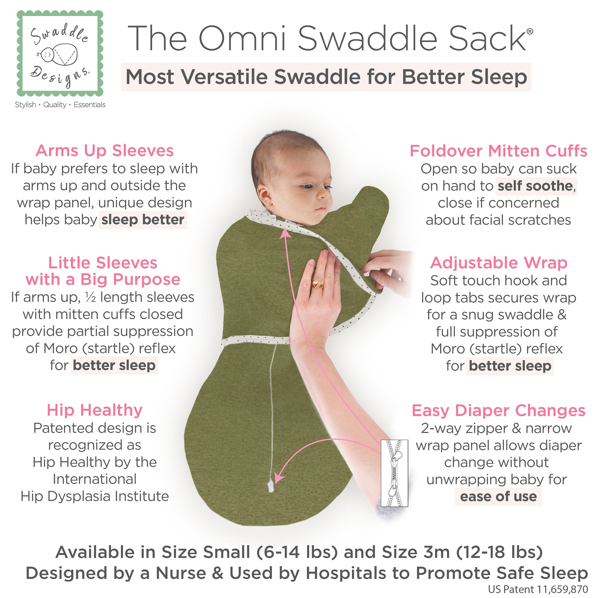 Omni Swaddle Sack With Wrap - Most Versatile Swaddle - Arms Up Sleeves & Mitten Cuffs, Heathered Green Turtle With Polka Dot Trim