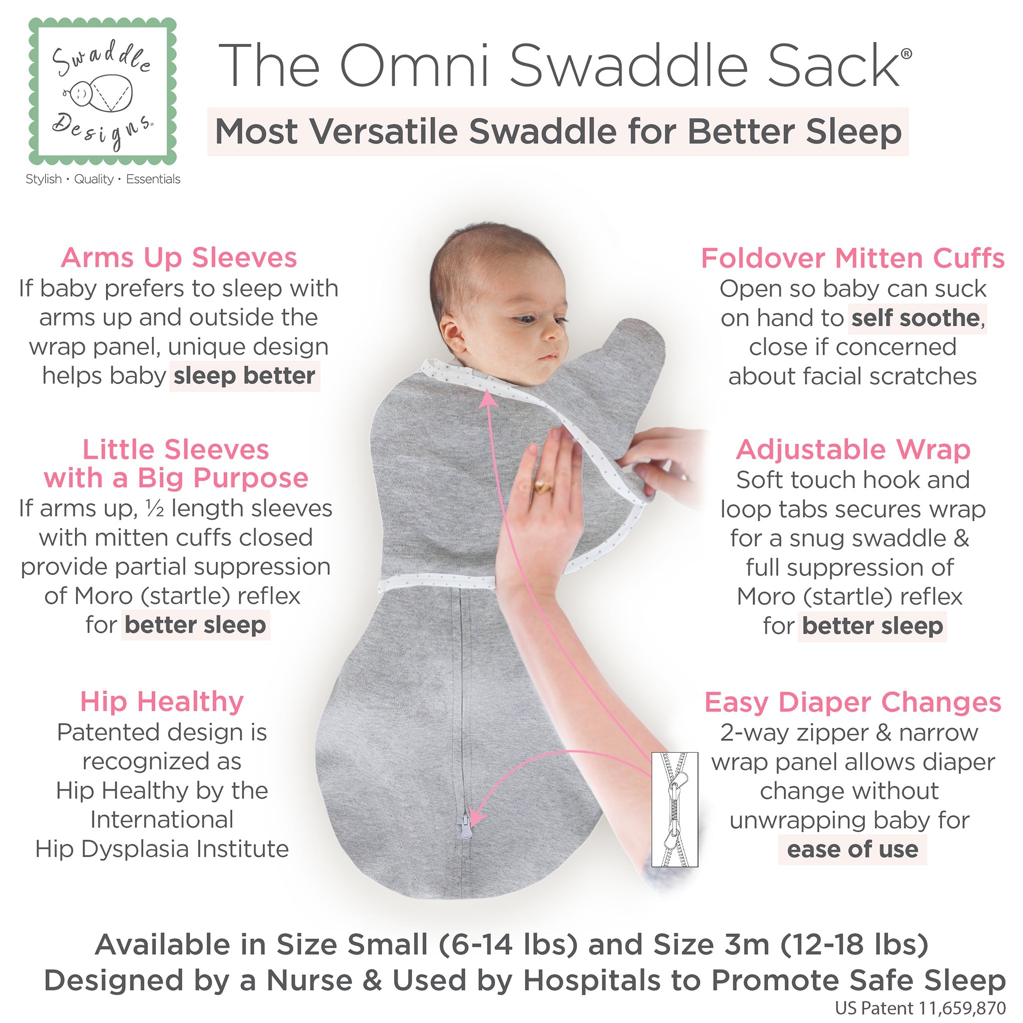 Omni Swaddle Sack With Wrap - Most Versatile Swaddle - Arms Up Sleeves & Mitten Cuffs, Heathered Gray With Polka Dot Trim