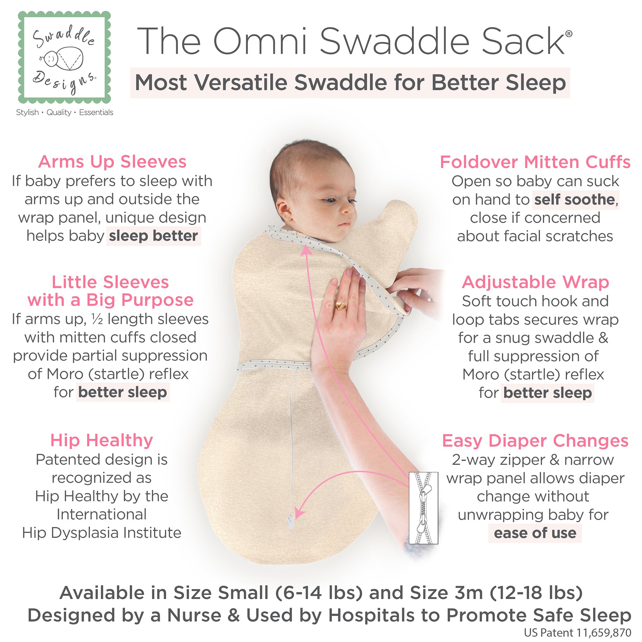 Omni Swaddle Sack With Wrap - Most Versatile Swaddle - Arms Up Sleeves & Mitten Cuffs, Heathered Oatmeal With Polka Dot Trim