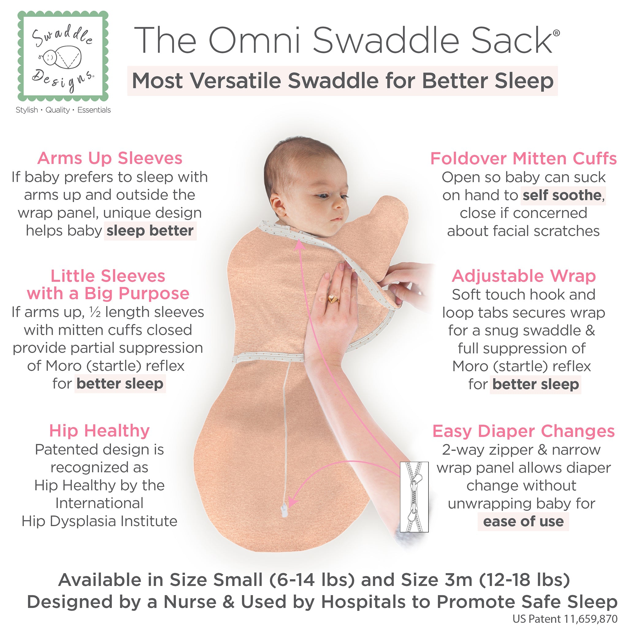 Omni Swaddle Sack With Wrap - Most Versatile Swaddle - Arms Up Sleeves & Mitten Cuffs, Heathered Peach Blush With Polka Dot Trim