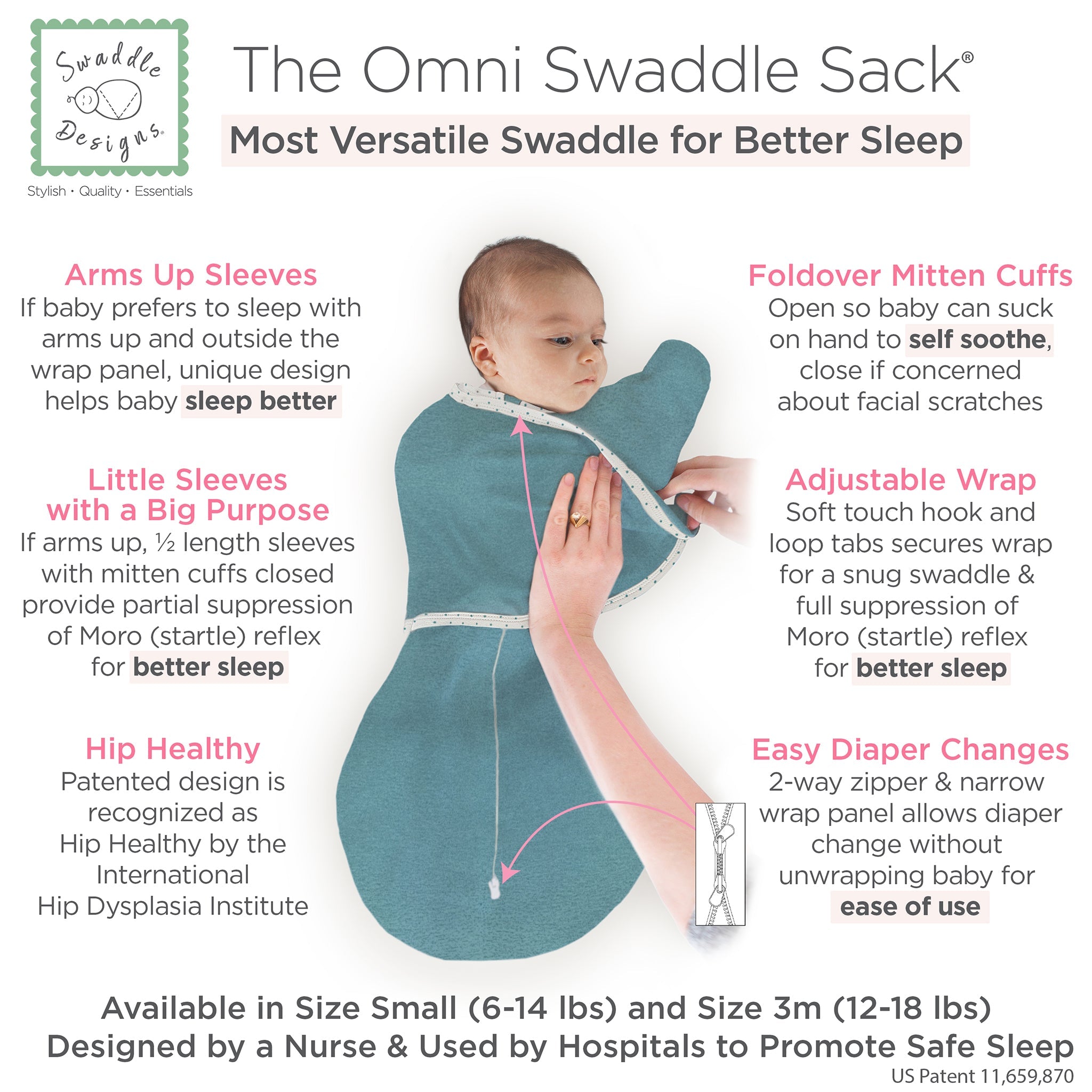Omni Swaddle Sack With Wrap -  Most Versatile Swaddle - Arms Up Sleeves & Mitten Cuffs, Heathered Teal With Polka Dot Trim