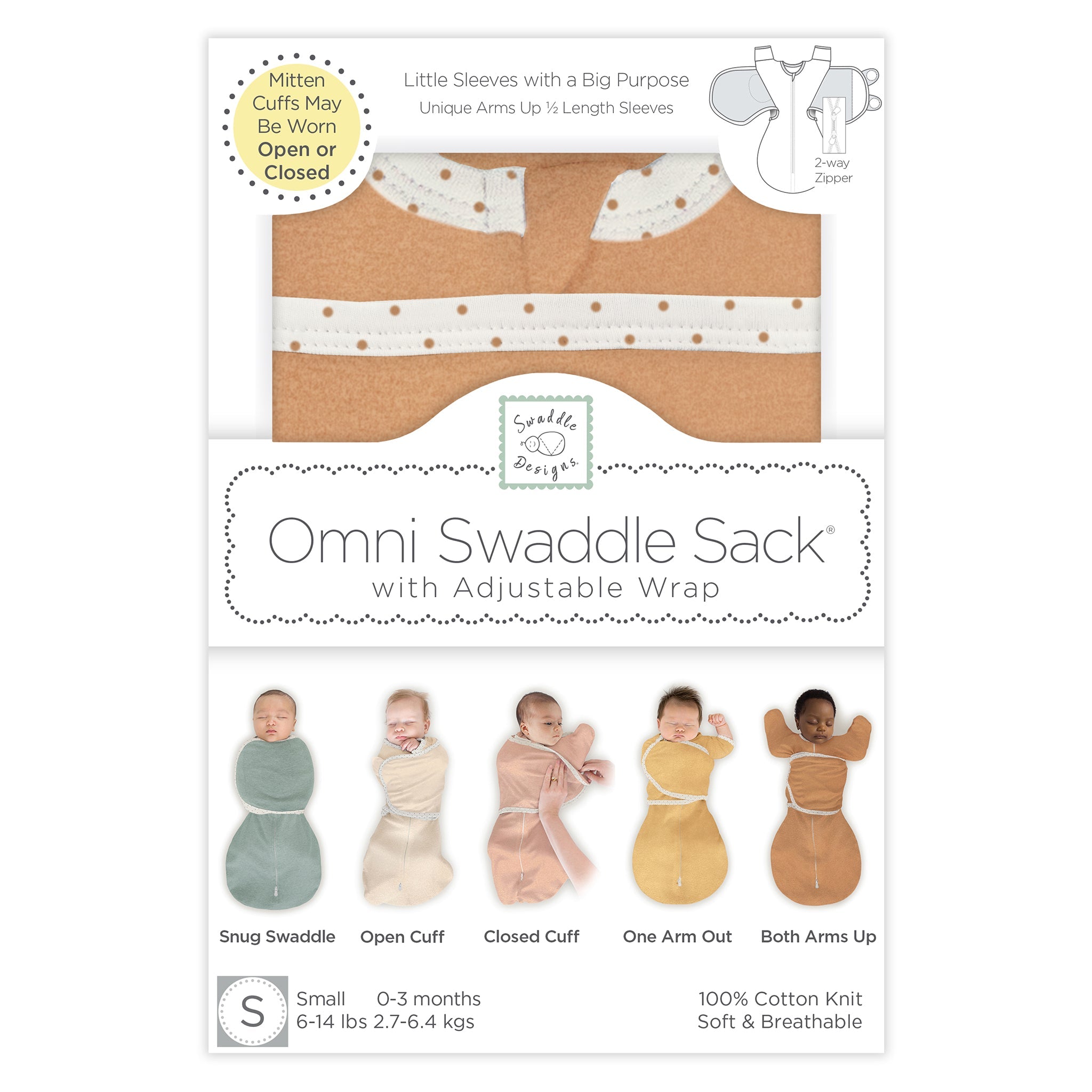 Omni Swaddle Sack With Wrap - Most Versatile Swaddle - Arms Up Sleeves & Mitten Cuffs, Heathered Butterum With Polka Dot Trim
