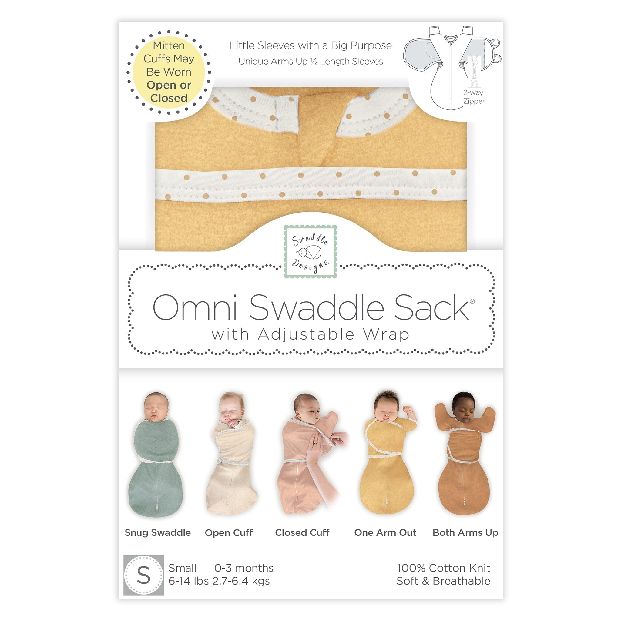 Omni Swaddle Sack With Wrap -  Arms Up Sleeves & Mitten Cuffs, Heathered Gold With Polka Dot Trim