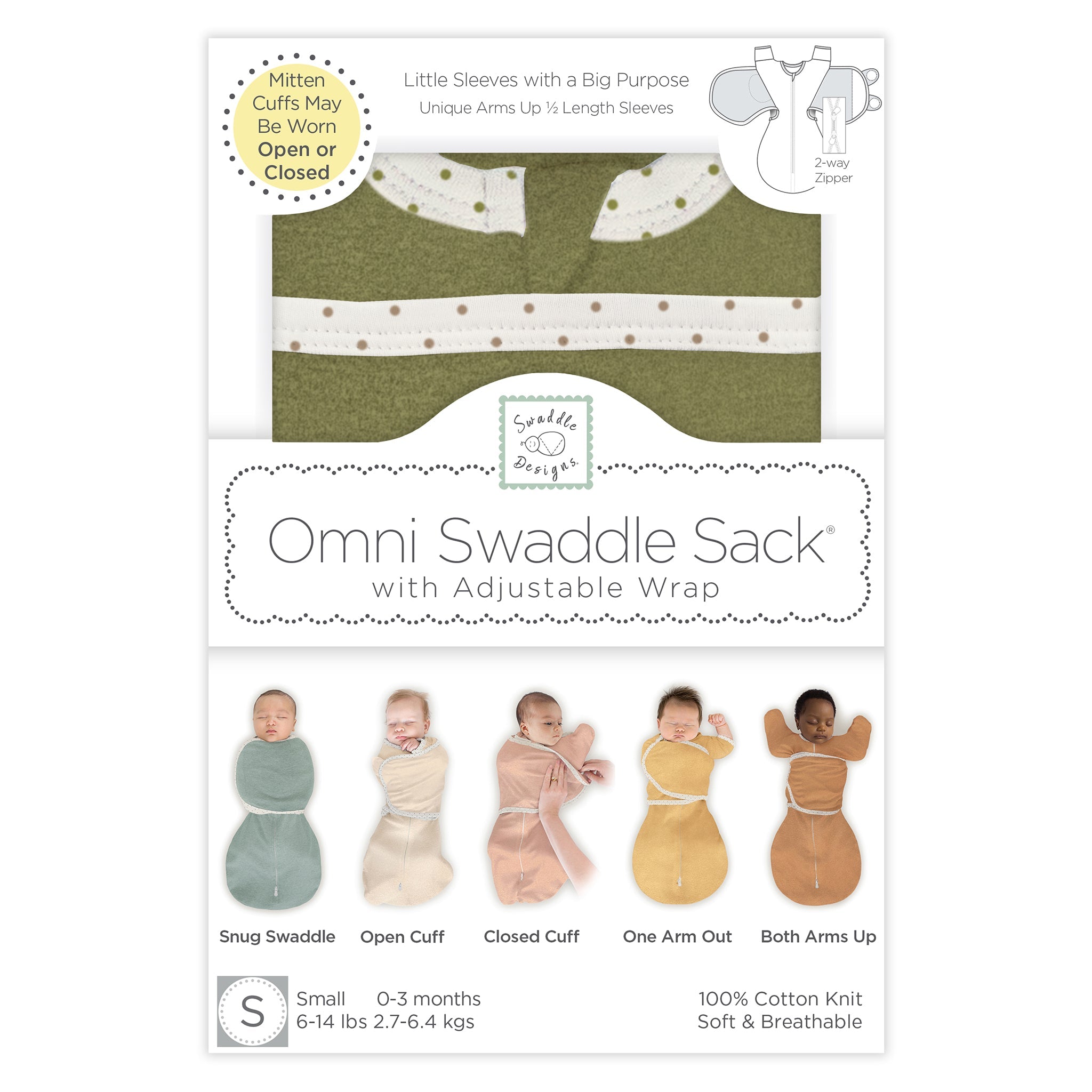 Omni Swaddle Sack With Wrap - Most Versatile Swaddle - Arms Up Sleeves & Mitten Cuffs, Heathered Green Turtle With Polka Dot Trim