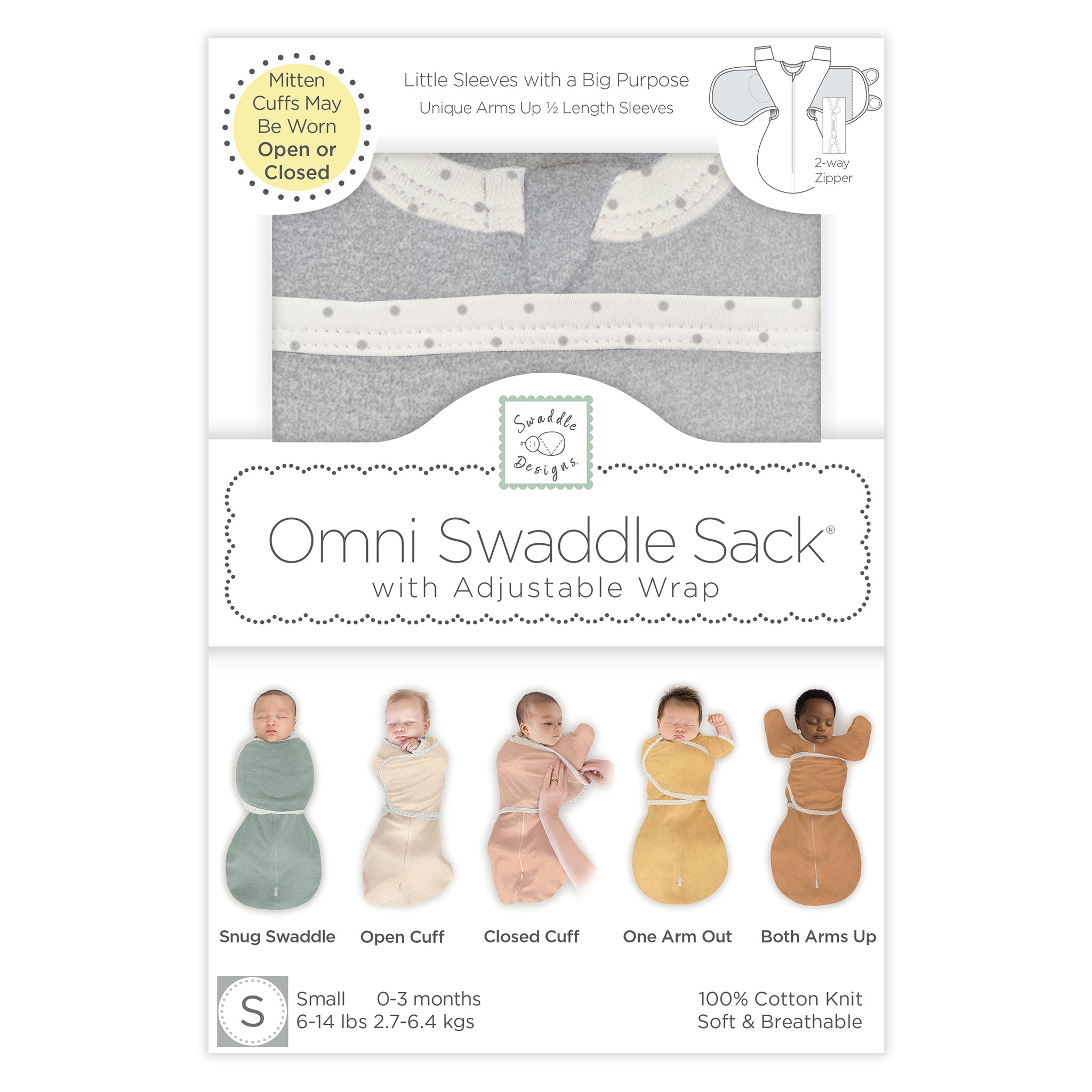 Omni Swaddle Sack With Wrap - Most Versatile Swaddle - Arms Up Sleeves & Mitten Cuffs, Heathered Gray With Polka Dot Trim