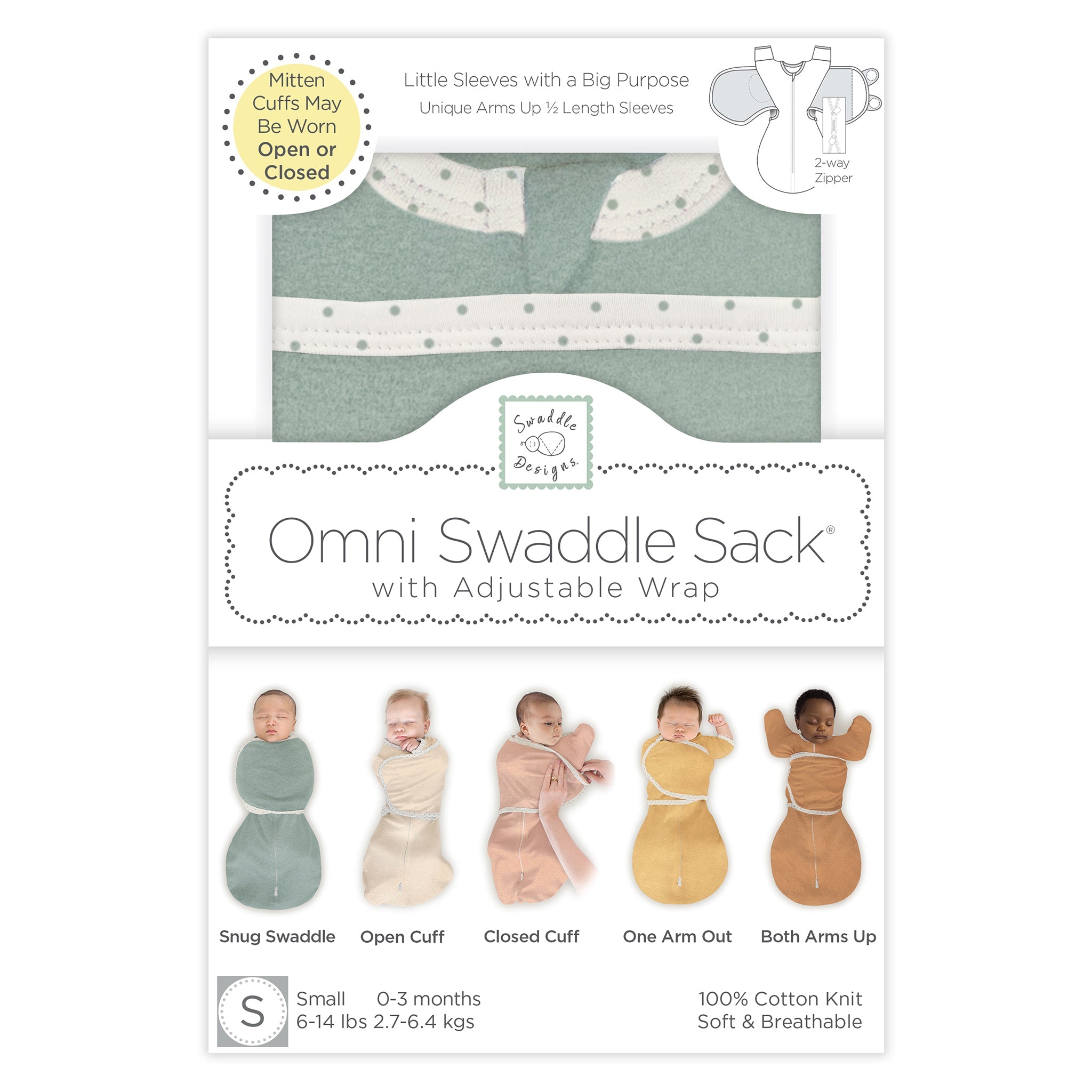 Omni Swaddle Sack With Wrap - Most Versatile Swaddle - Arms Up Sleeves & Mitten Cuffs, Heathered Jadeite With Polka Dot Trim