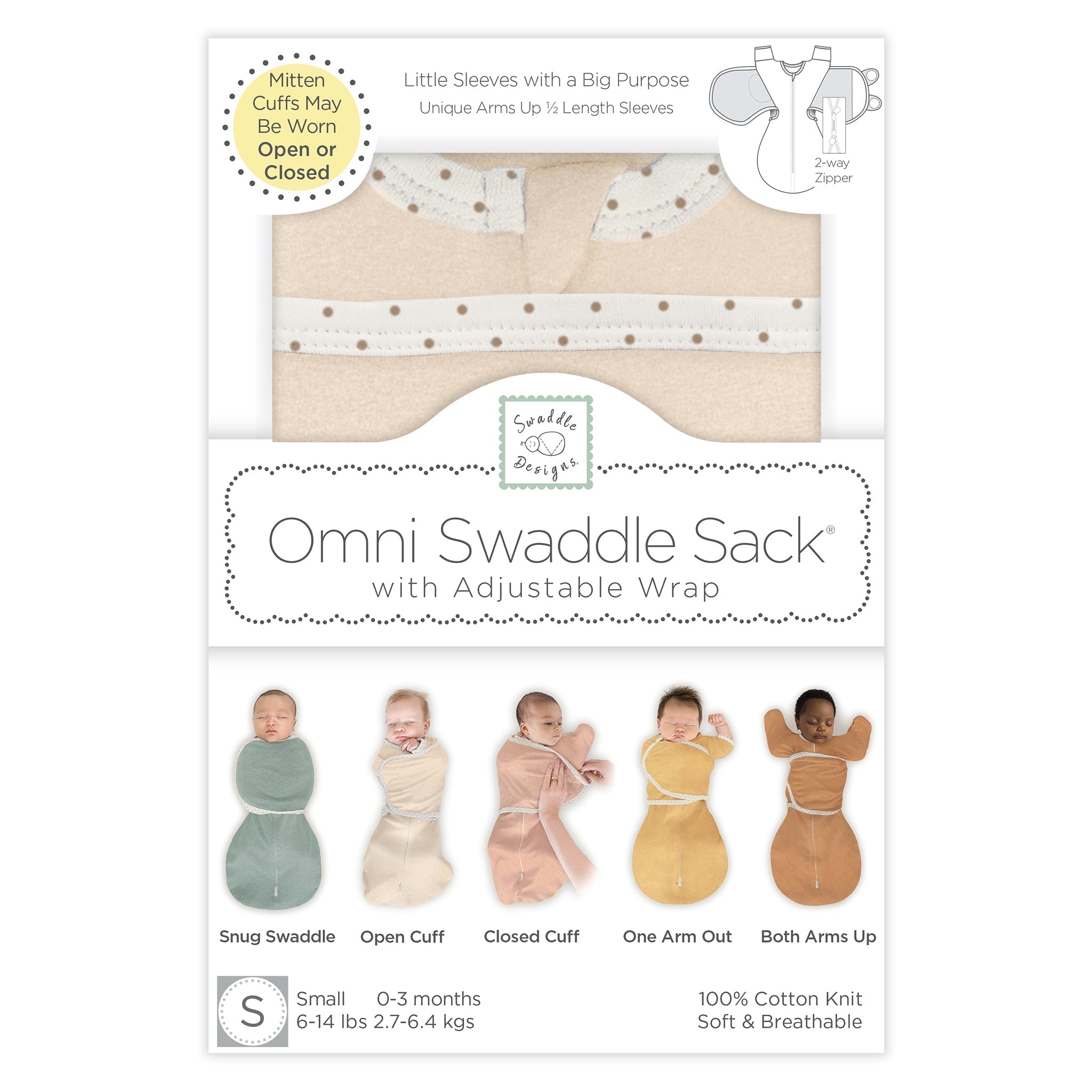 Omni Swaddle Sack With Wrap - Most Versatile Swaddle - Arms Up Sleeves & Mitten Cuffs, Heathered Oatmeal With Polka Dot Trim