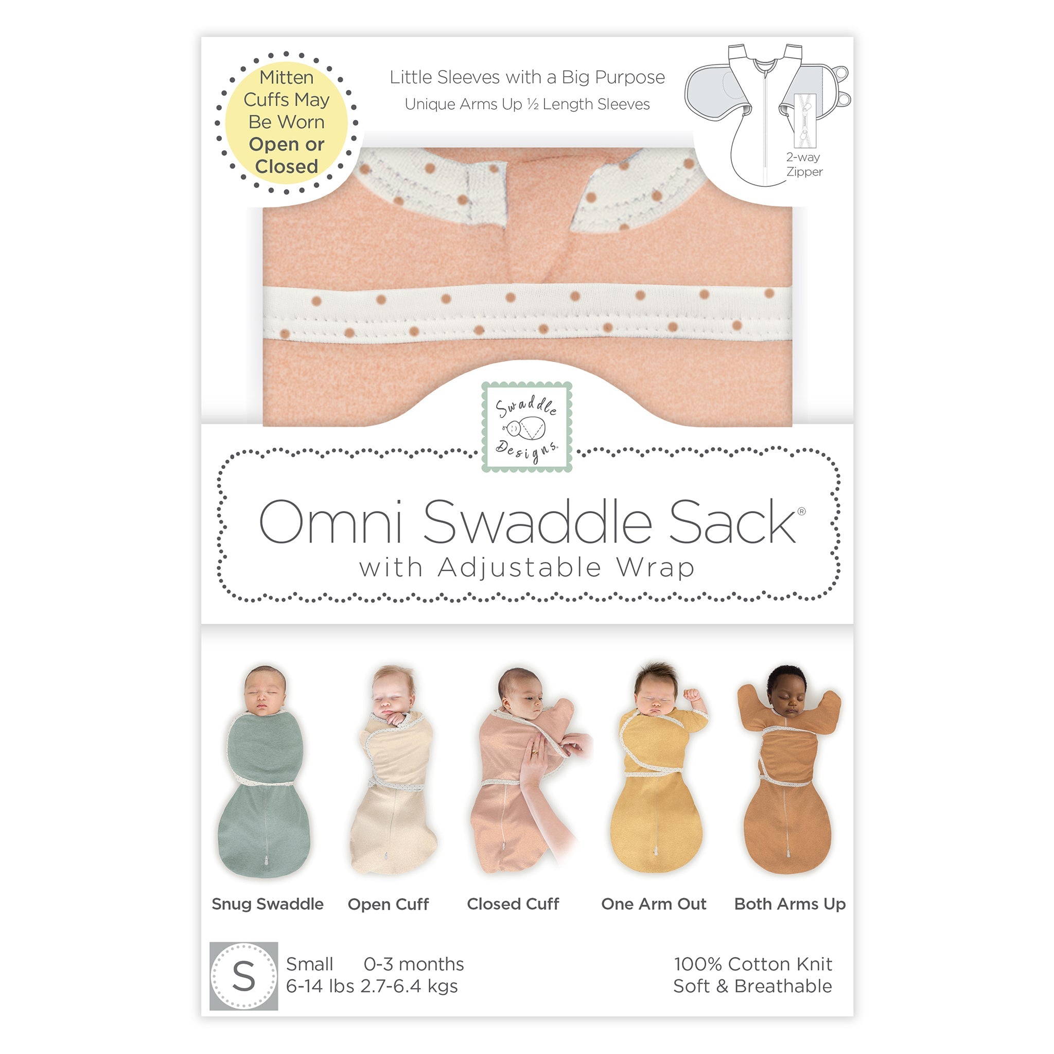 Omni Swaddle Sack With Wrap - Most Versatile Swaddle - Arms Up Sleeves & Mitten Cuffs, Heathered Peach Blush With Polka Dot Trim