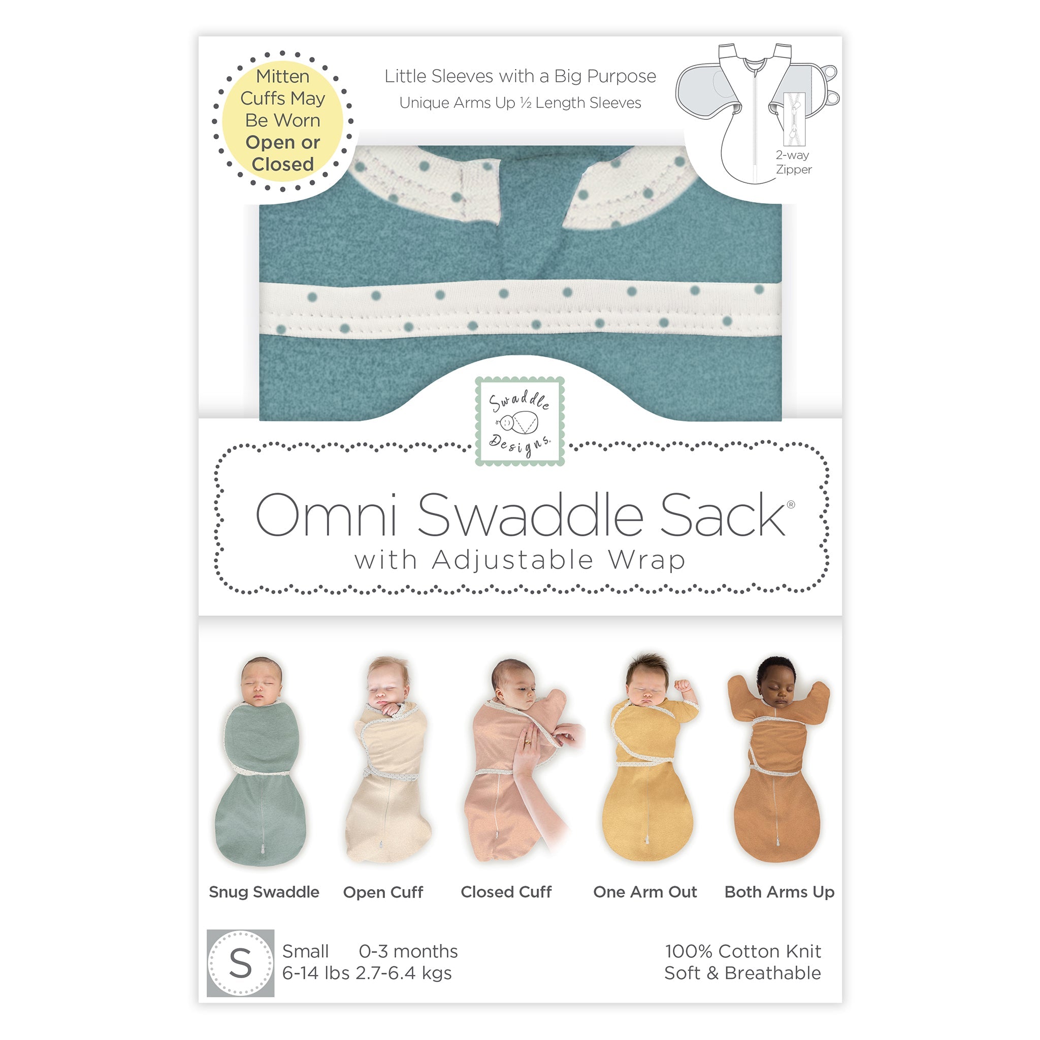 Omni Swaddle Sack With Wrap -  Most Versatile Swaddle - Arms Up Sleeves & Mitten Cuffs, Heathered Teal With Polka Dot Trim