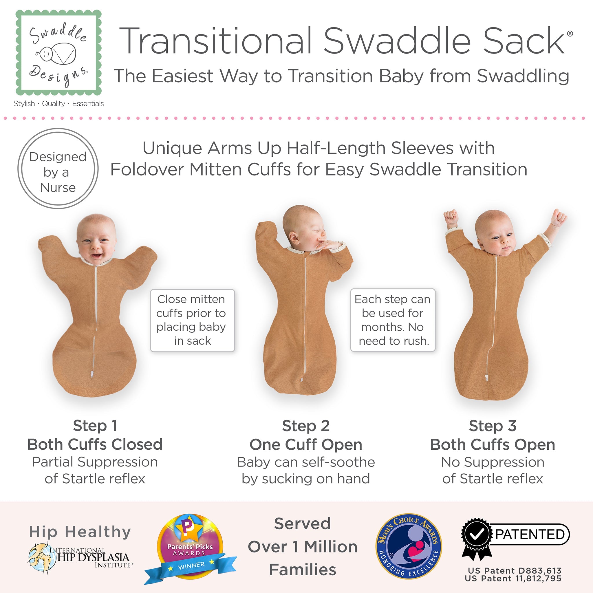 Transitional Swaddle Sack - Arms Up 1/2-length Sleeves & Mitten Cuffs, Heathered Butterum With Polka Dot Trim