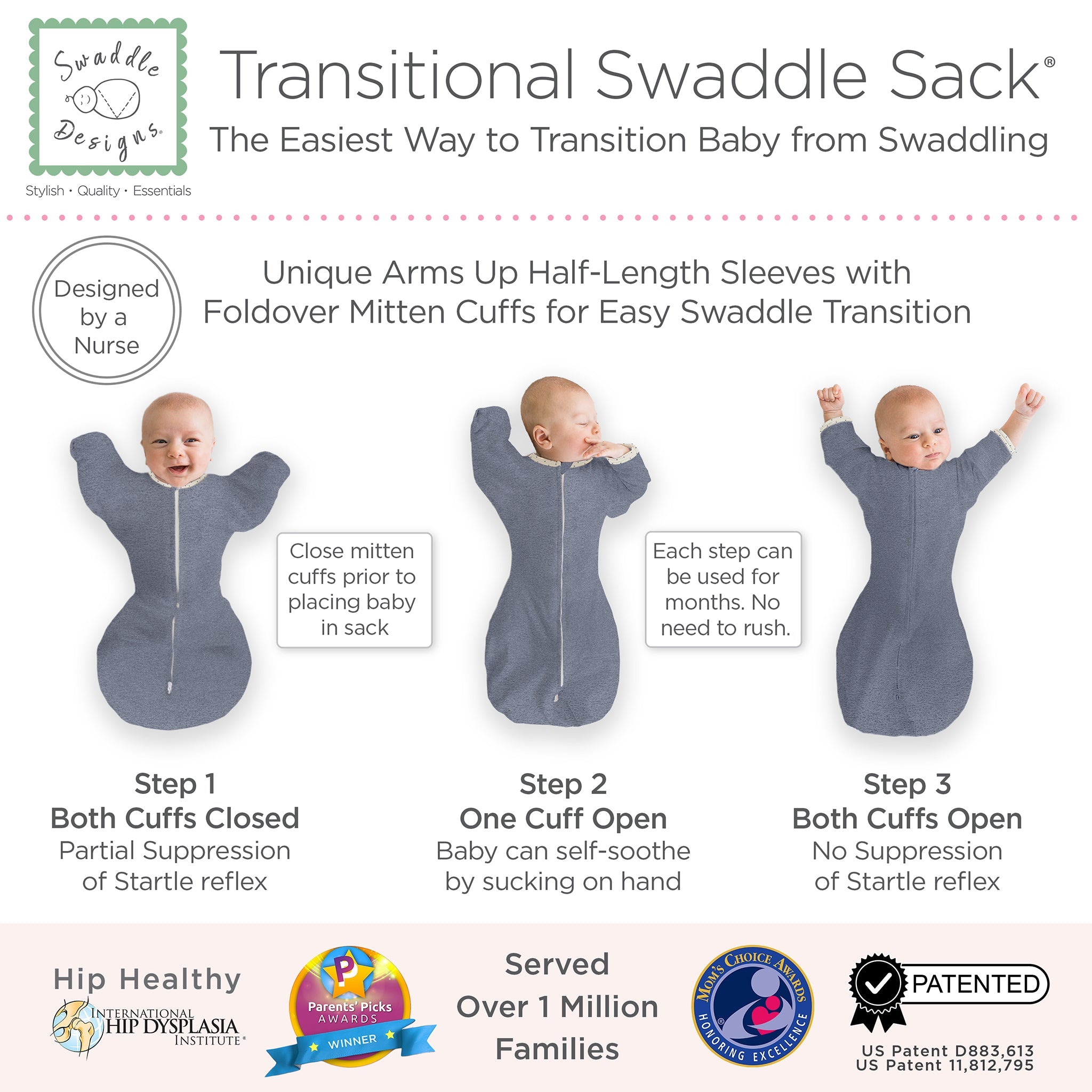 Transitional Swaddle Sack - Arms Up 1/2-length Sleeves & Mitten Cuffs, Heathered Denim With Polka Dot Trim