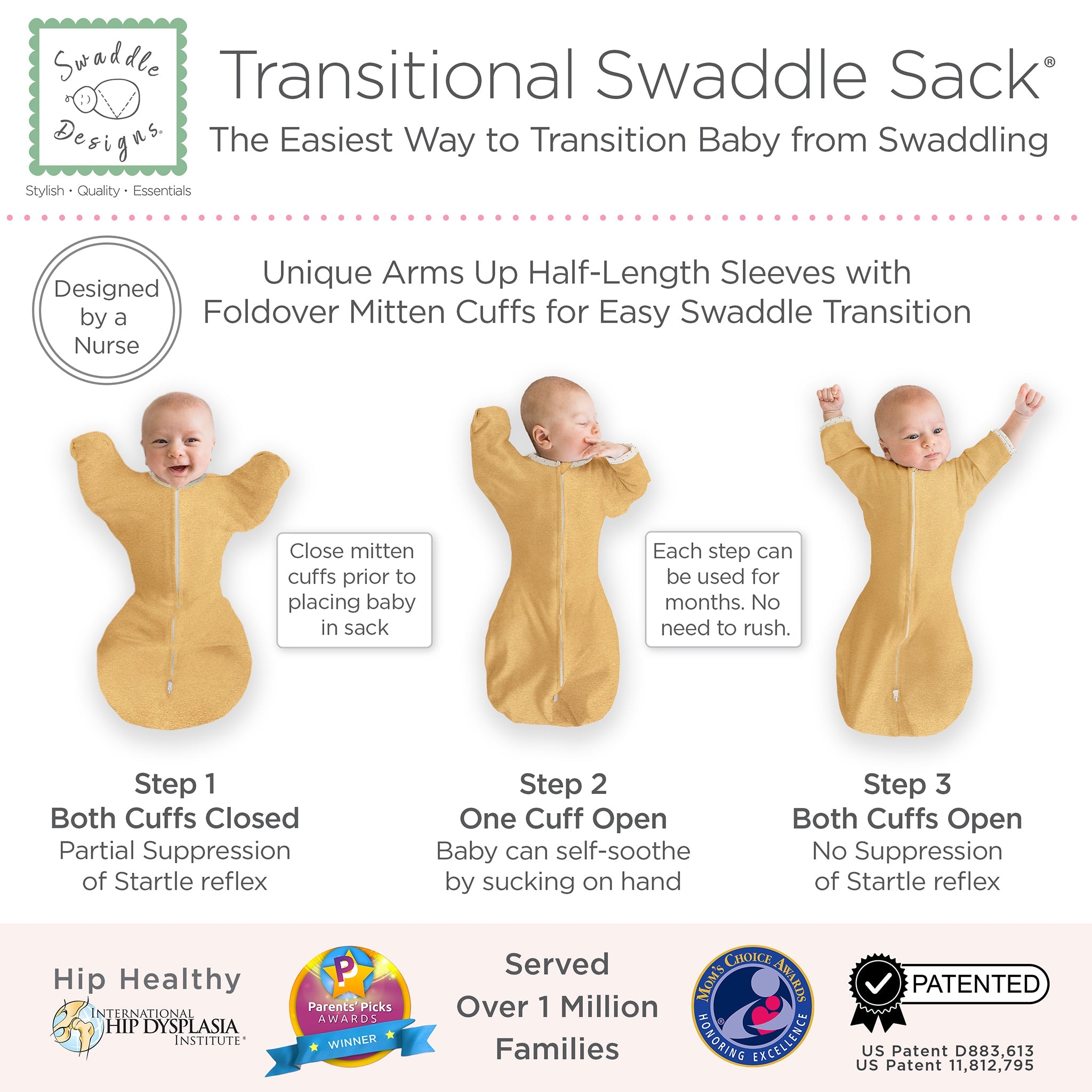 Transitional Swaddle Sack - Arms Up 1/2-length Sleeves & Mitten Cuffs, Heathered Gold With Polka Dot Trim
