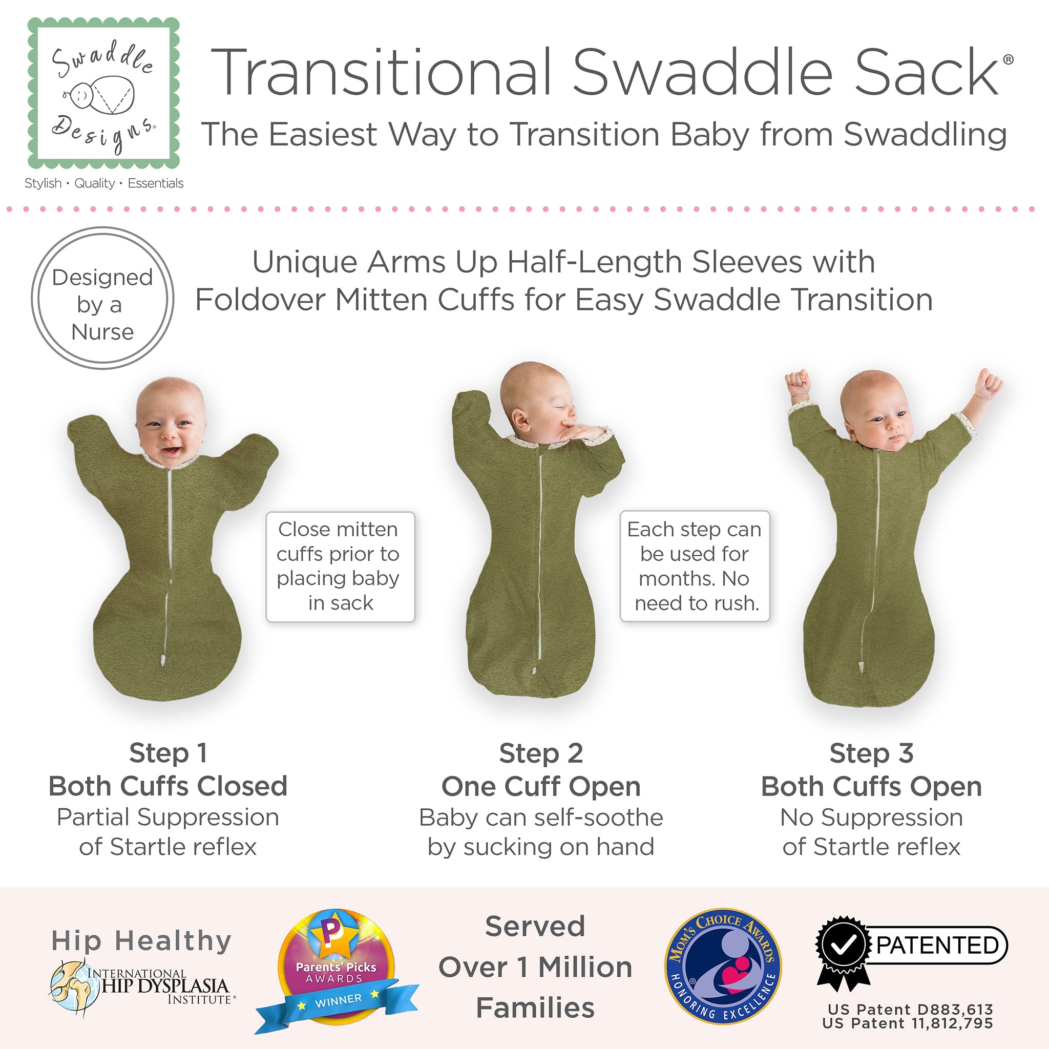Transitional Swaddle Sack - Arms Up 1/2-length Sleeves & Mitten Cuffs, Heathered Green Turtle With Polka Dot Trim