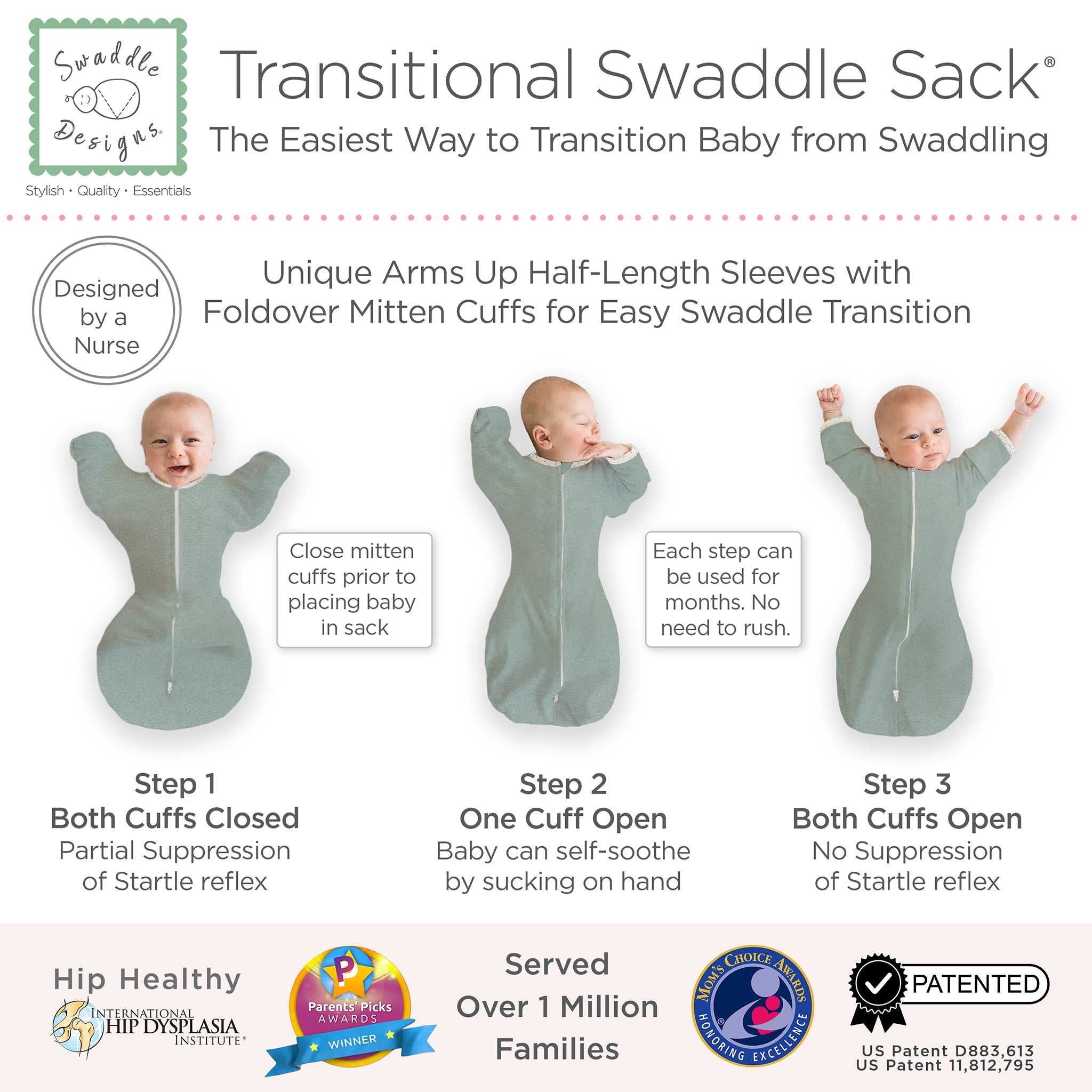 Transitional Swaddle Sack - Arms Up 1/2-length Sleeves & Mitten Cuffs, Heathered Jadeite With Polka Dot Trim