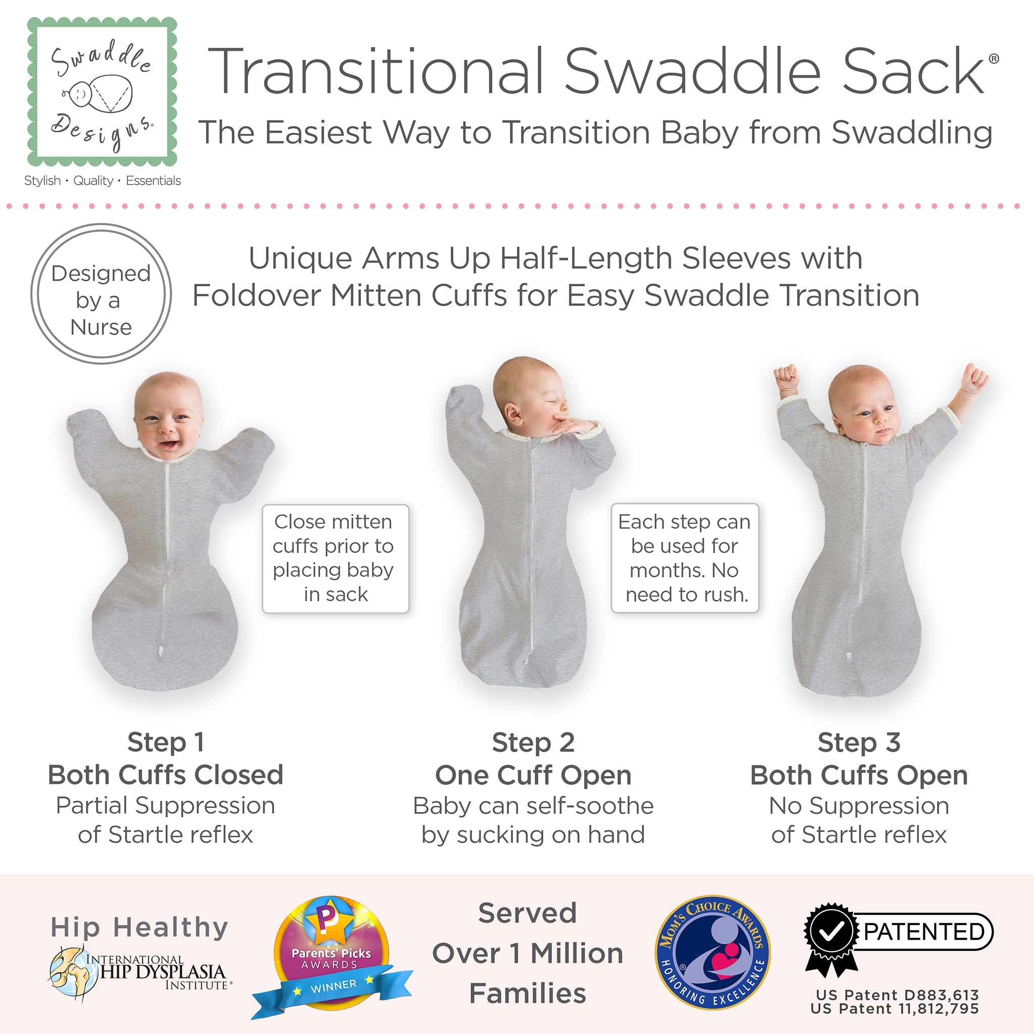 Transitional Swaddle Sack - Arms Up 1/2-length Sleeves & Mitten Cuffs, Heathered Gray With Polka Dot Trim
