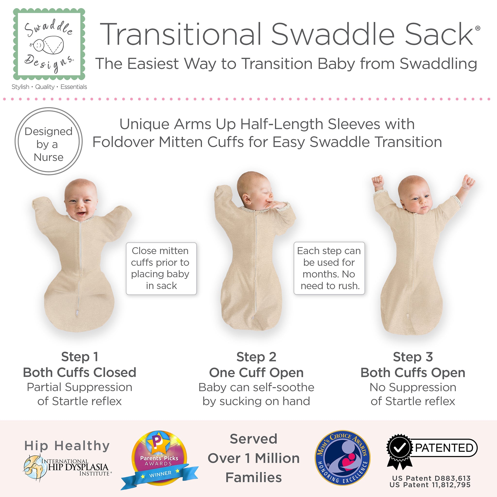 Transitional Swaddle Sack - Arms Up 1/2-length Sleeves & Mitten Cuffs, Heathered Oatmeal With Polka Dot Trim