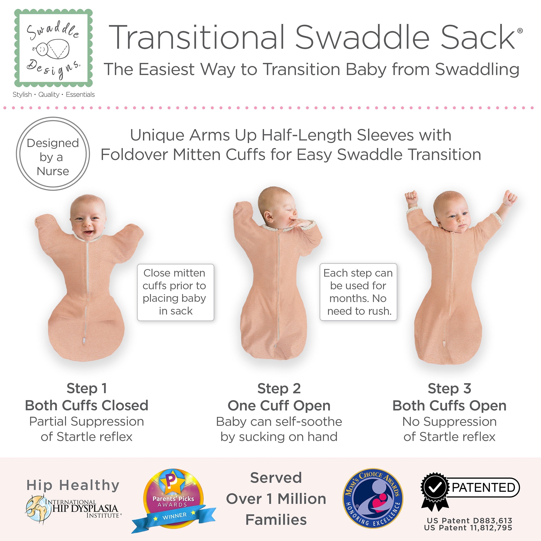 Transitional Swaddle Sack - Arms Up 1/2-length Sleeves & Mitten Cuffs, Solid, Heathered Peach Blush With Polka Dot Trim