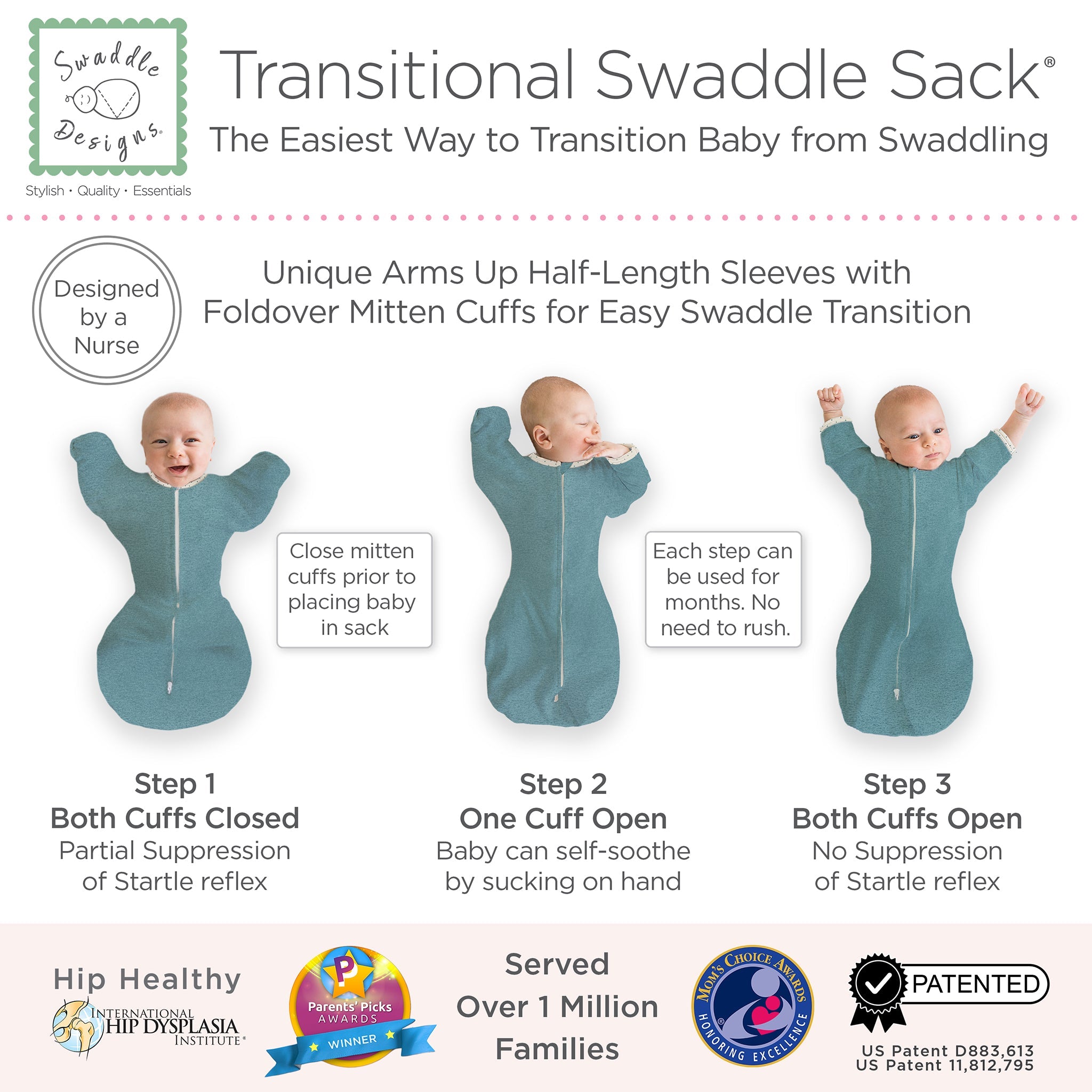 Transitional Swaddle Sack - Arms Up 1/2-length Sleeves & Mitten Cuffs, Heathered Teal With Polka Dot Trim
