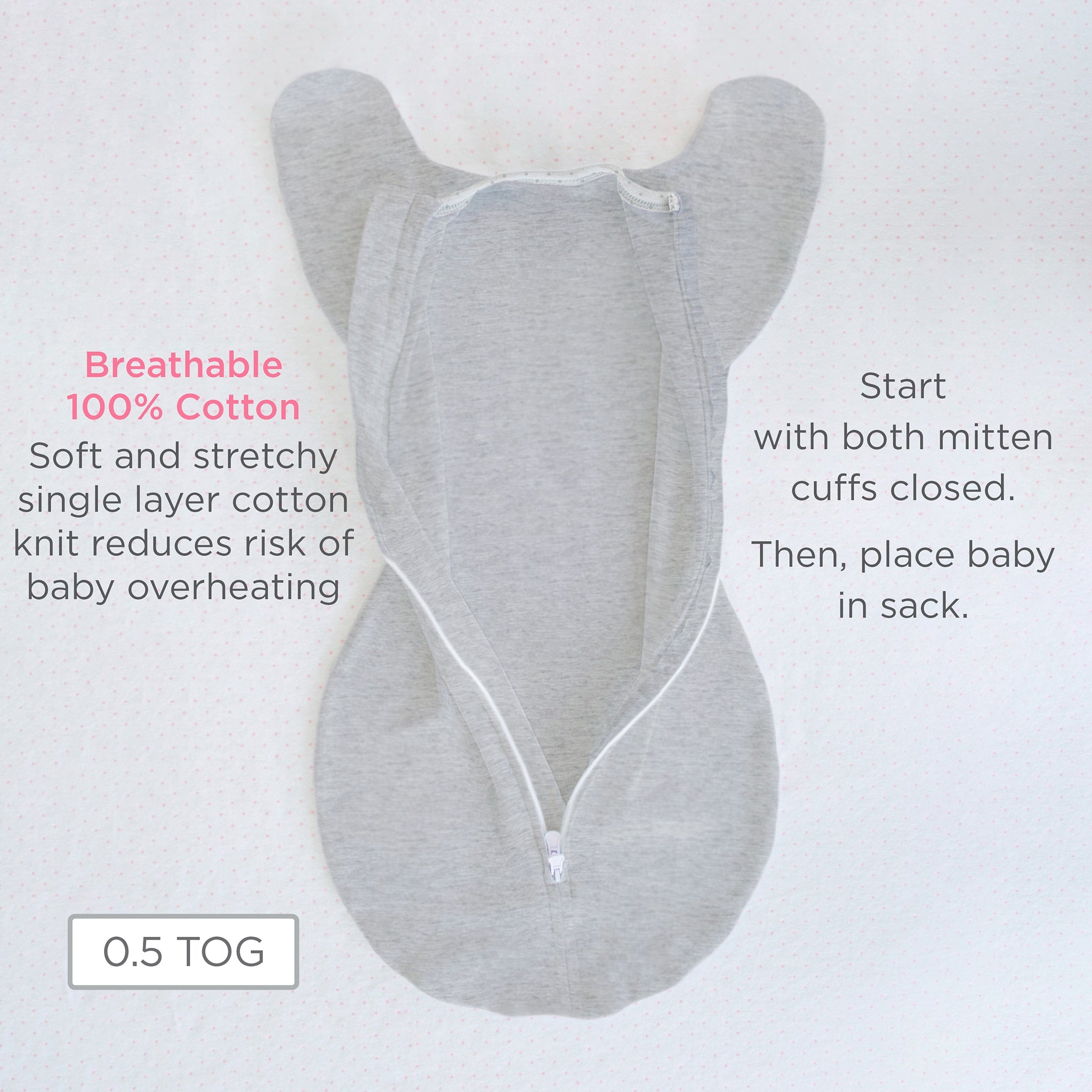 Transitional Swaddle Sack - Arms Up 1/2-length Sleeves & Mitten Cuffs, Heathered Green Turtle With Polka Dot Trim