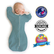 Transitional Swaddle Sack - Arms Up 1/2-length Sleeves & Mitten Cuffs, Heathered Teal With Polka Dot Trim