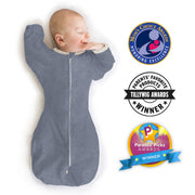 Transitional Swaddle Sack - Arms Up 1/2-length Sleeves & Mitten Cuffs, Heathered Denim With Polka Dot Trim