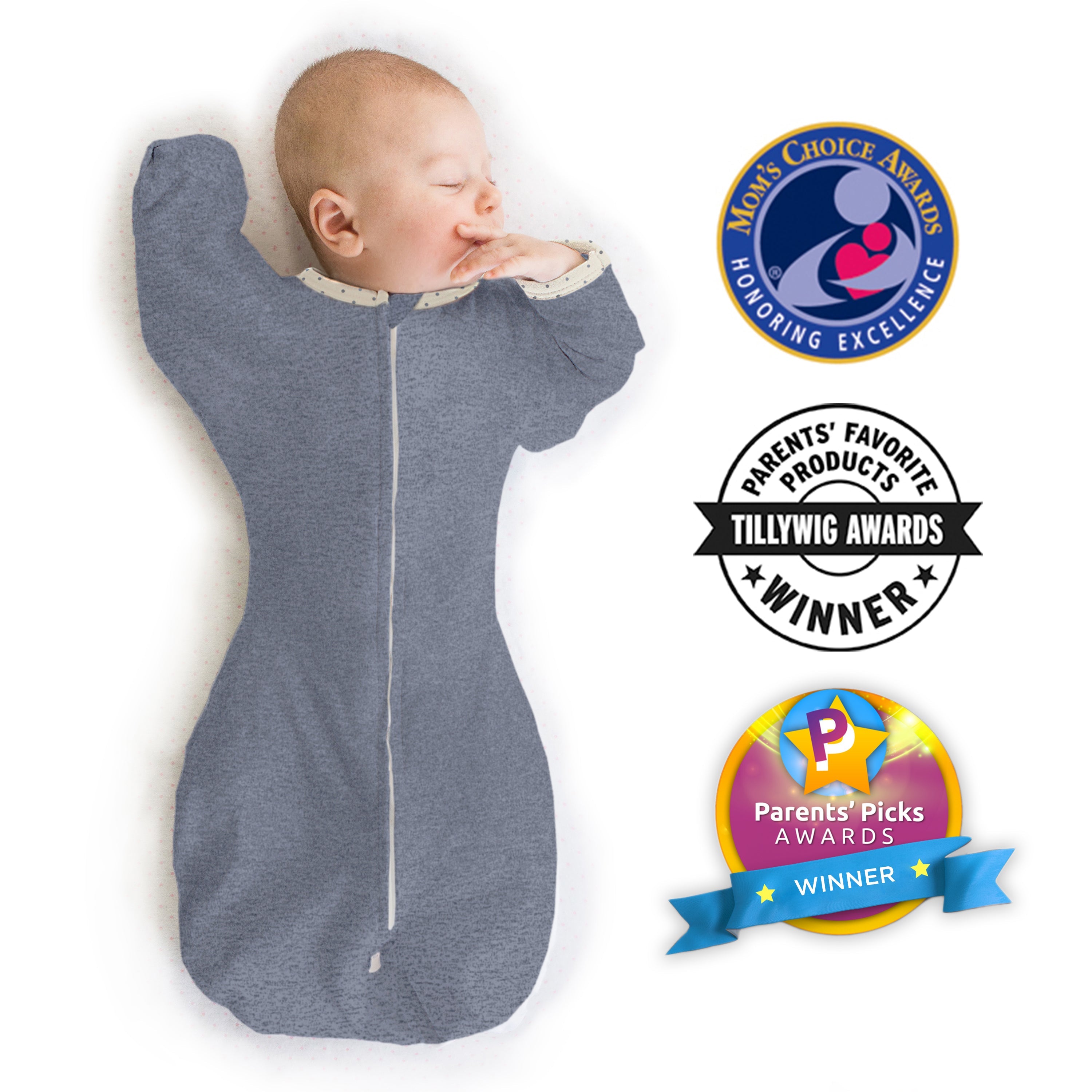 Transitional Swaddle Sack - Arms Up 1/2-length Sleeves & Mitten Cuffs, Heathered Denim With Polka Dot Trim