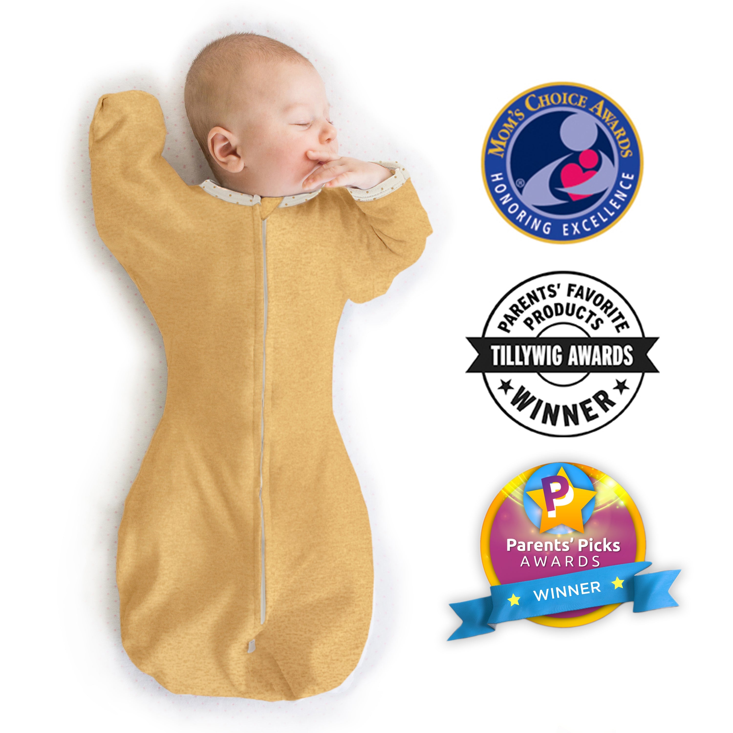 Transitional Swaddle Sack - Arms Up 1/2-length Sleeves & Mitten Cuffs, Heathered Gold With Polka Dot Trim