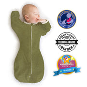 Transitional Swaddle Sack - Arms Up 1/2-length Sleeves & Mitten Cuffs, Heathered Green Turtle With Polka Dot Trim