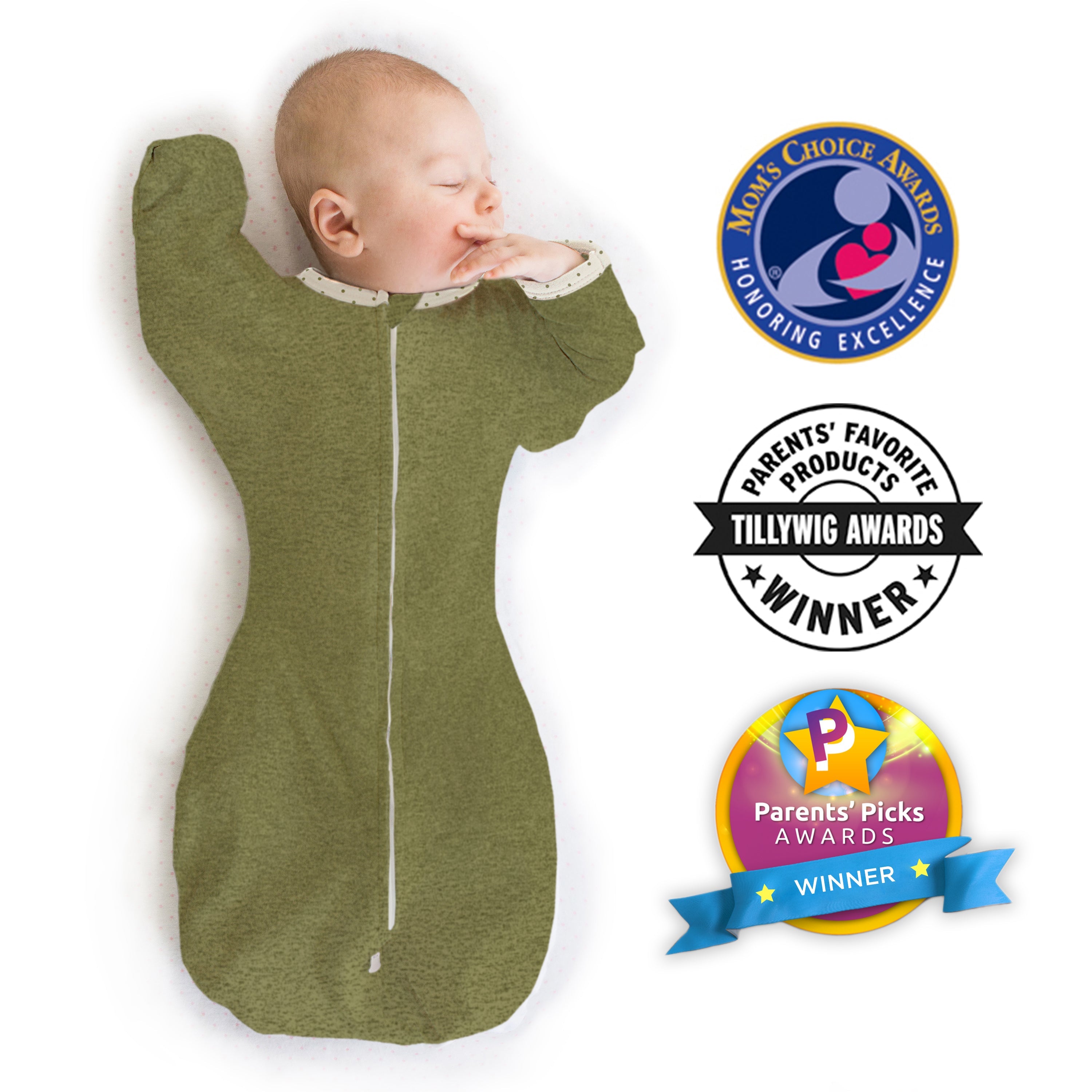 Transitional Swaddle Sack - Arms Up 1/2-length Sleeves & Mitten Cuffs, Heathered Green Turtle With Polka Dot Trim