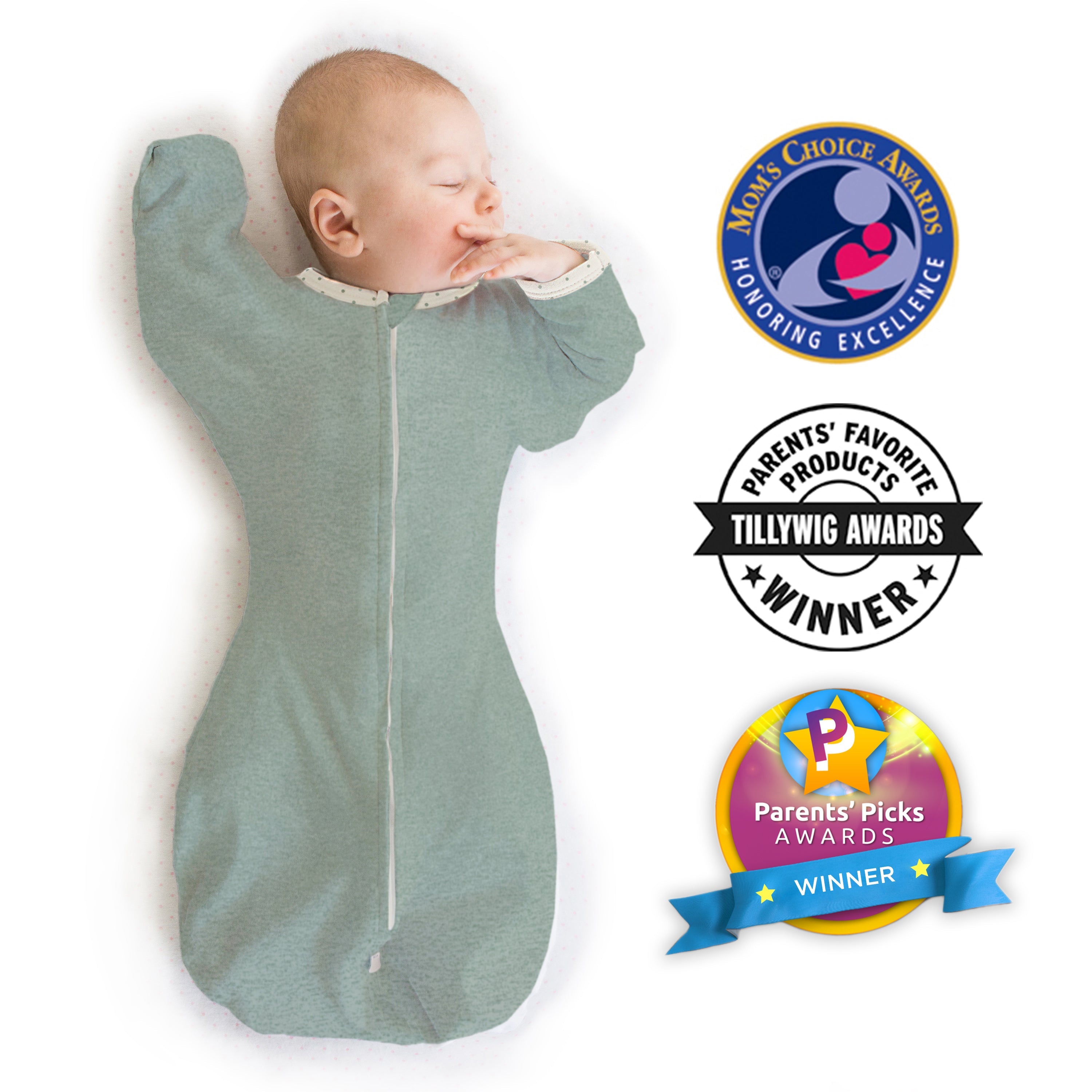 Transitional Swaddle Sack - Arms Up 1/2-length Sleeves & Mitten Cuffs, Heathered Jadeite With Polka Dot Trim