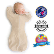 Transitional Swaddle Sack - Arms Up 1/2-length Sleeves & Mitten Cuffs, Heathered Oatmeal With Polka Dot Trim