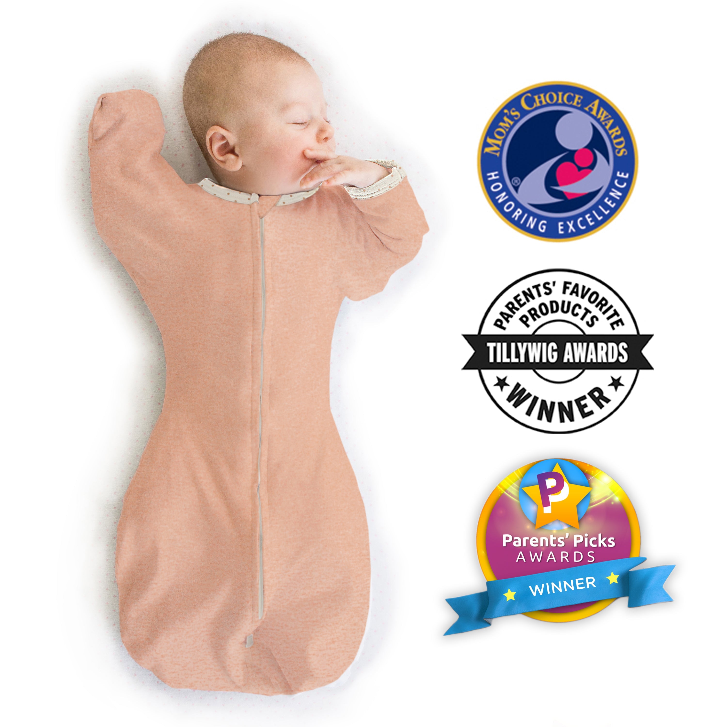 Transitional Swaddle Sack - Arms Up 1/2-length Sleeves & Mitten Cuffs, Solid, Heathered Peach Blush With Polka Dot Trim