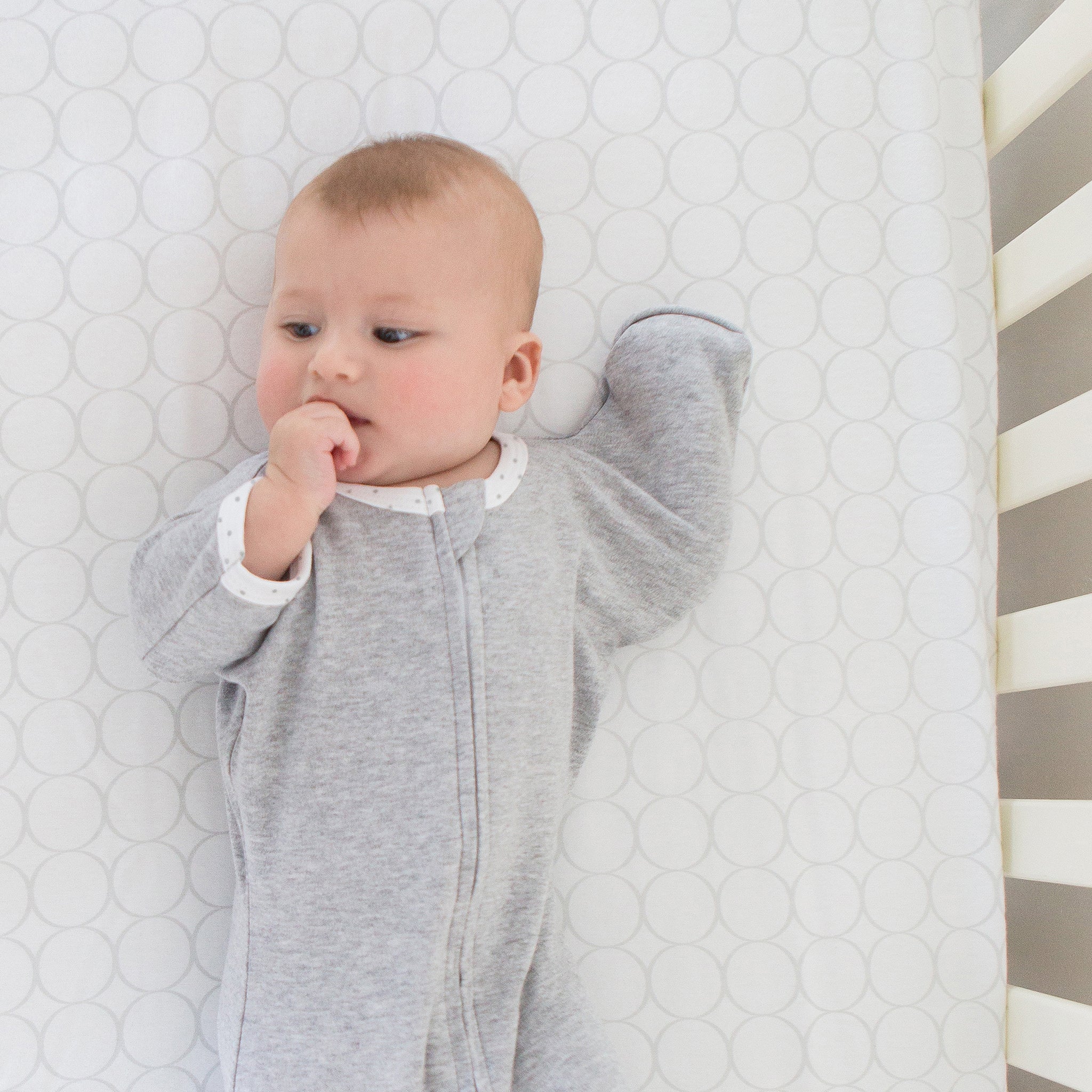 Transitional Swaddle Sack - Arms Up 1/2-length Sleeves & Mitten Cuffs, Heathered Denim With Polka Dot Trim