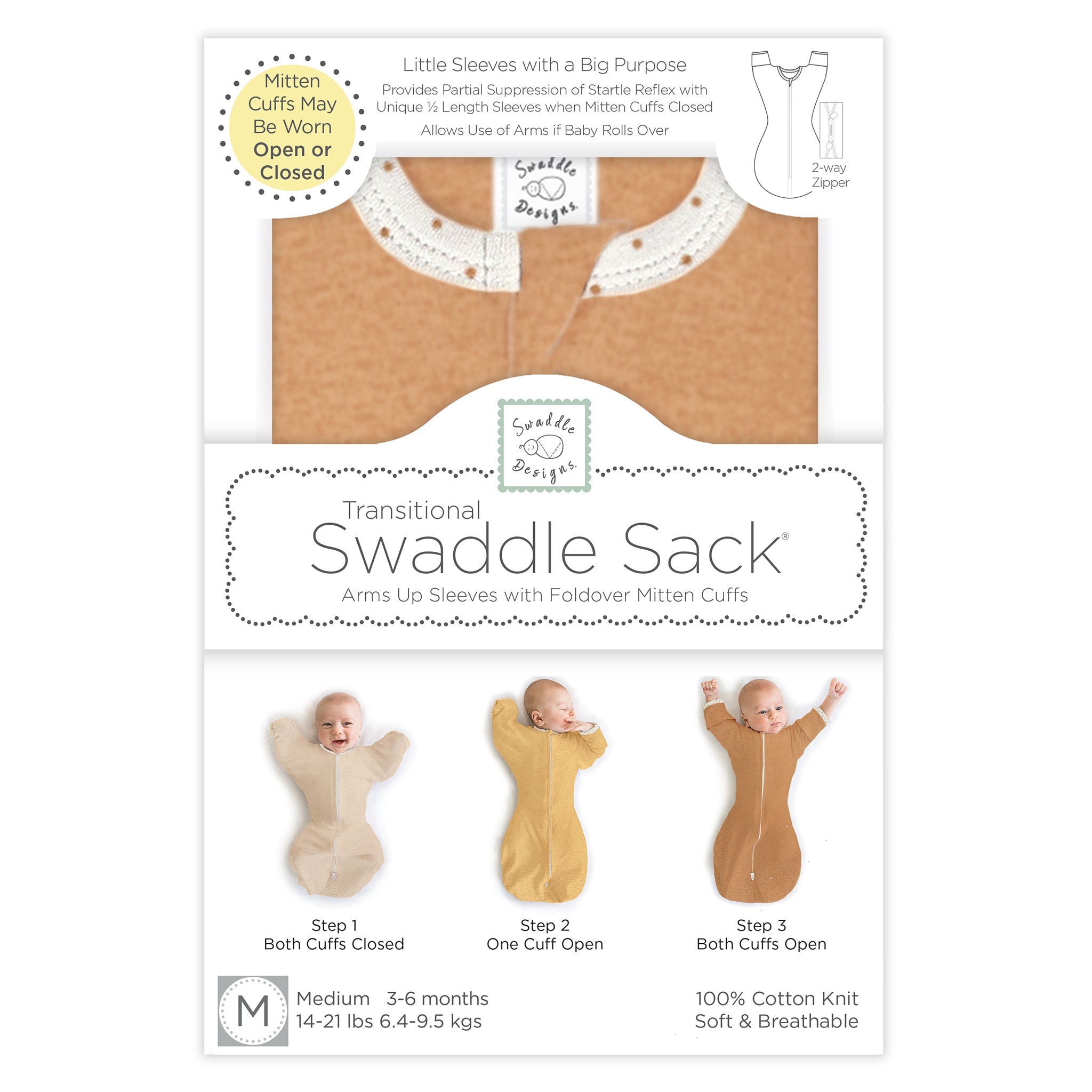 Transitional Swaddle Sack - Arms Up 1/2-length Sleeves & Mitten Cuffs, Heathered Butterum With Polka Dot Trim