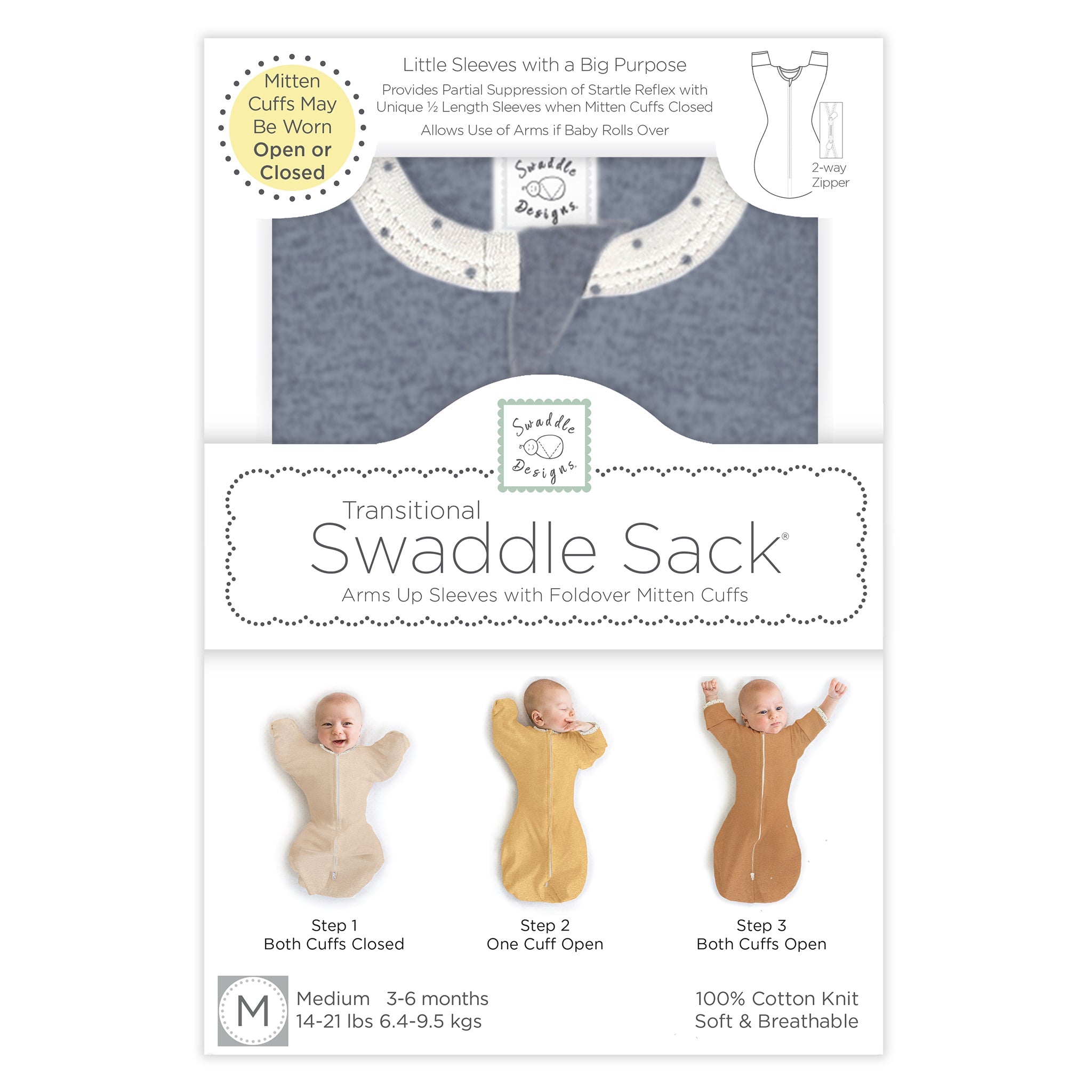 Transitional Swaddle Sack - Arms Up 1/2-length Sleeves & Mitten Cuffs, Heathered Denim With Polka Dot Trim