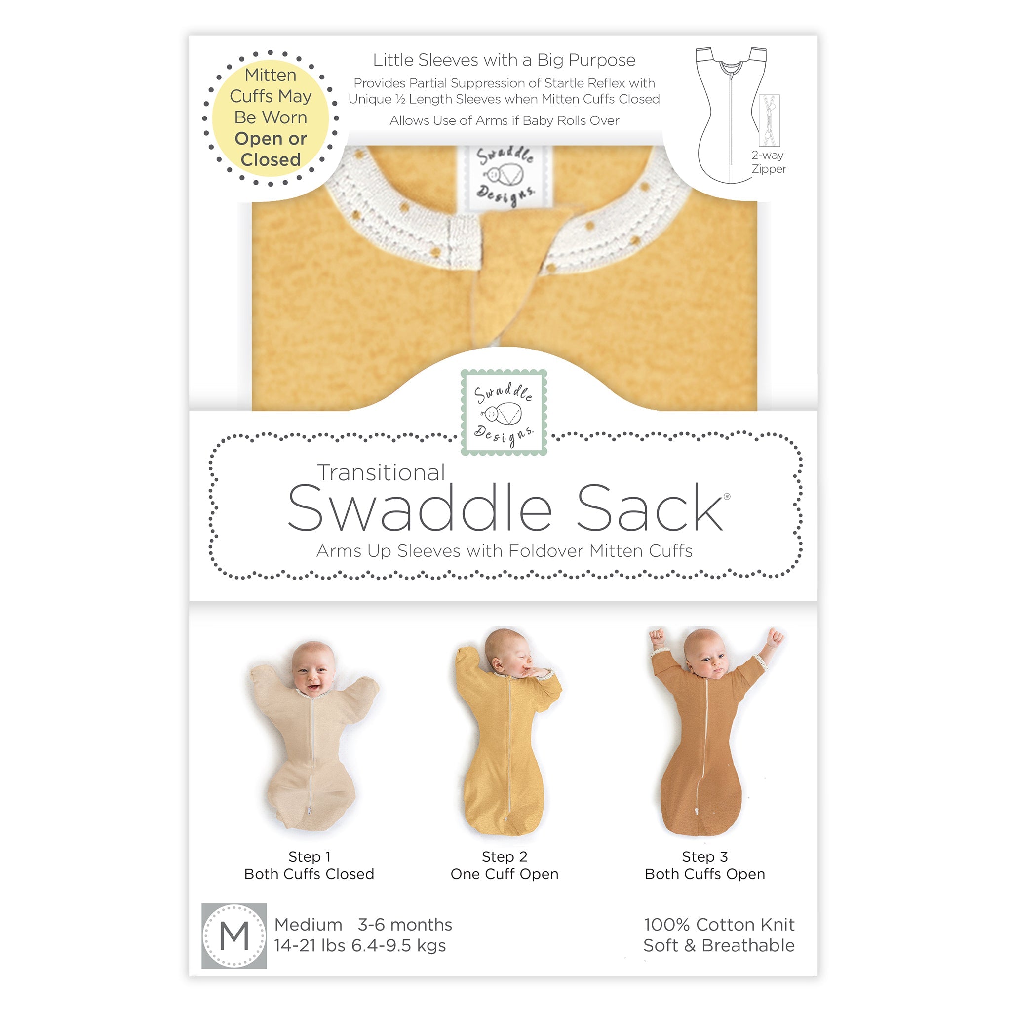 Transitional Swaddle Sack - Arms Up 1/2-length Sleeves & Mitten Cuffs, Heathered Gold With Polka Dot Trim